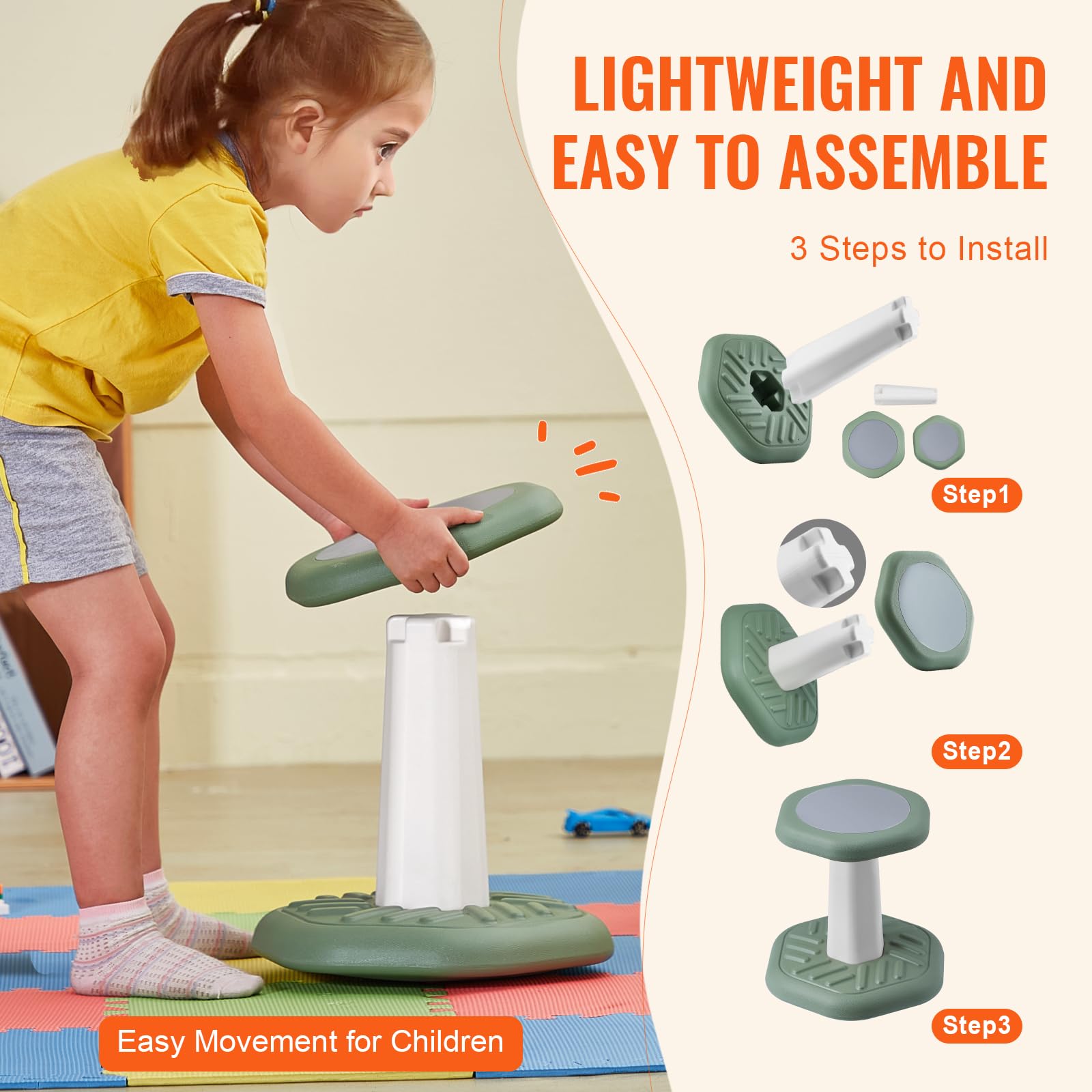 VEVOR Kids Wobble Chair with Sponge Cushion - Adjustable Active Stool for Improved Focus & Posture, Calming Sensory Seat for Ages 3-7, Green - Perfect for Classrooms, Homeschooling & ADHD Therapy