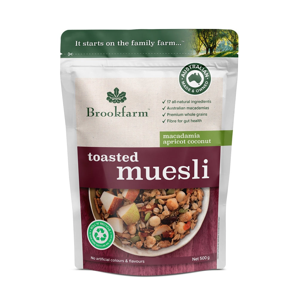 Brookfarm Toasted Macadamia Muesli with Apricot & Coconut - Crunchy Breakfast Cereal for Healthy Morning Energy - Perfect for Office Snacks, Yoga Retreats & Family Breakfasts