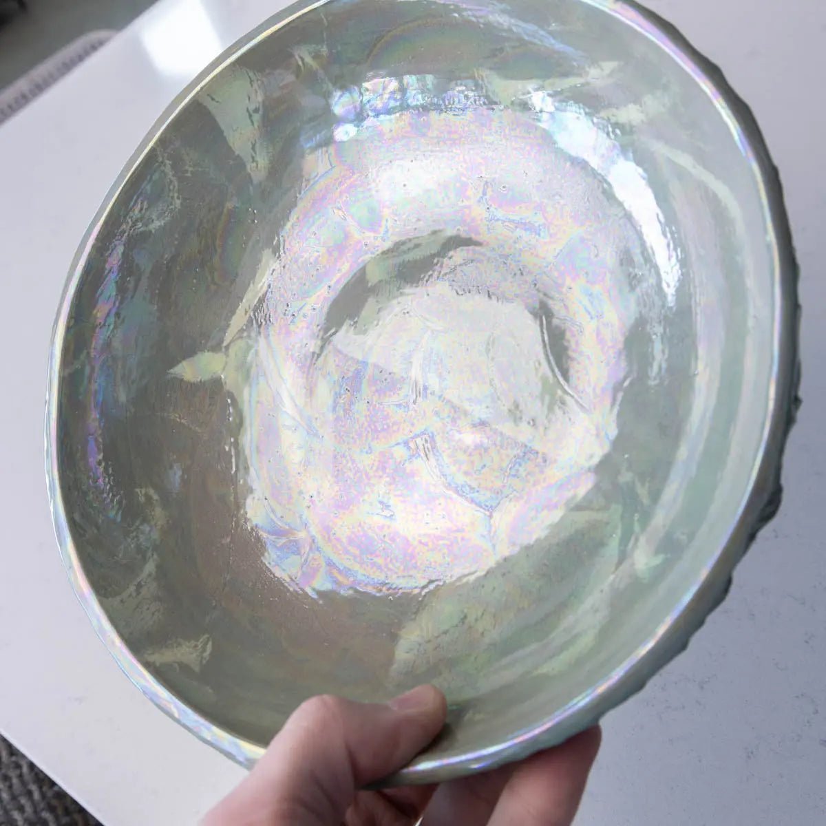 Handmade Nerikomi Stoneware Bowl with Mother of Pearl - Greens & Creams Alchemy Collection - Elegant Serving & Decorative Bowl for Dining Table Centerpiece, Wedding Gift, or Home Décor