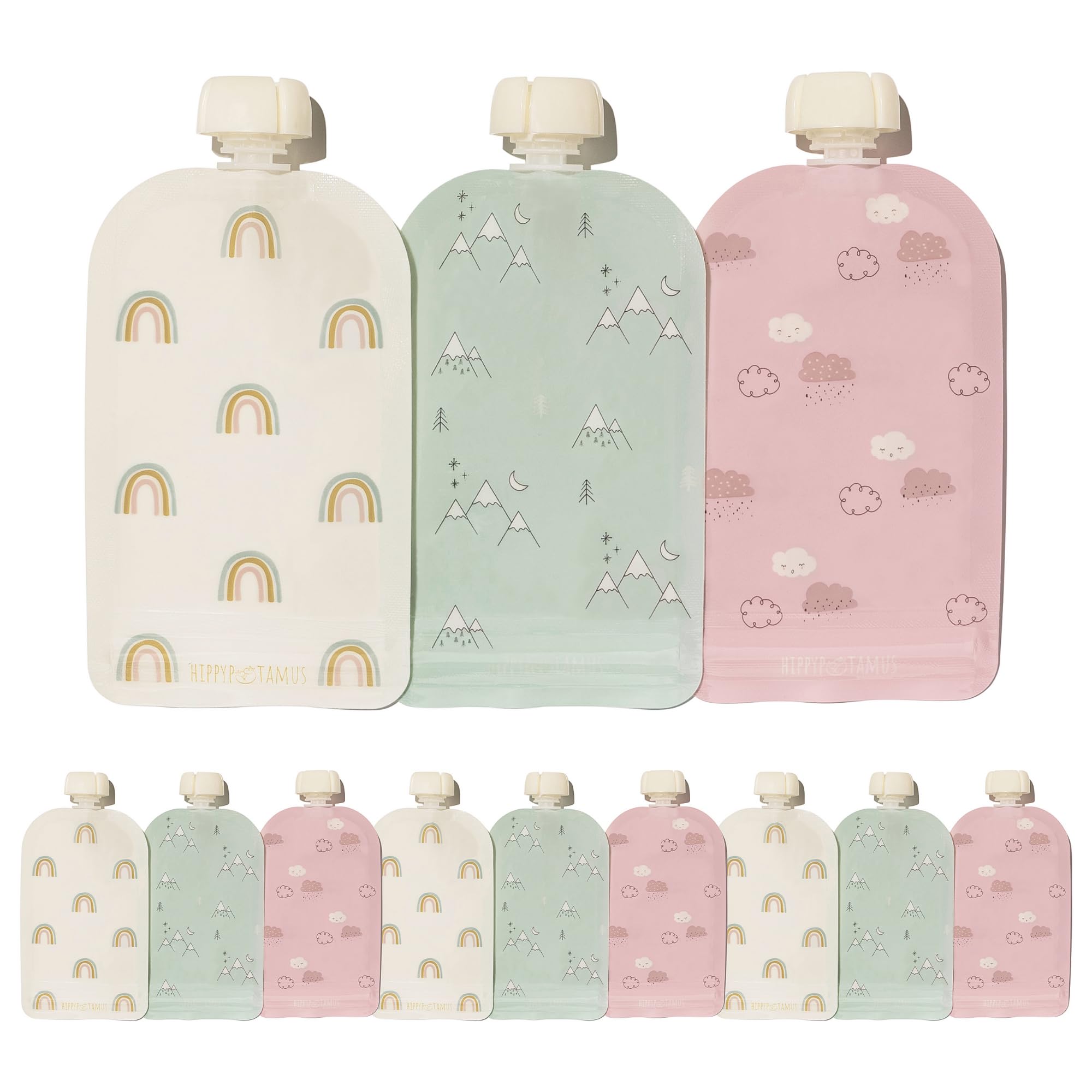 **Hippypotamus Reusable Baby Food Pouches - BPA-Free, Dishwasher & Freezer Safe - 12 Pack (Rainbows) - Ideal for Applesauce, Yogurt & Homemade Baby Puree - Perfect for On-the-Go Feeding, Daycare & Travel**