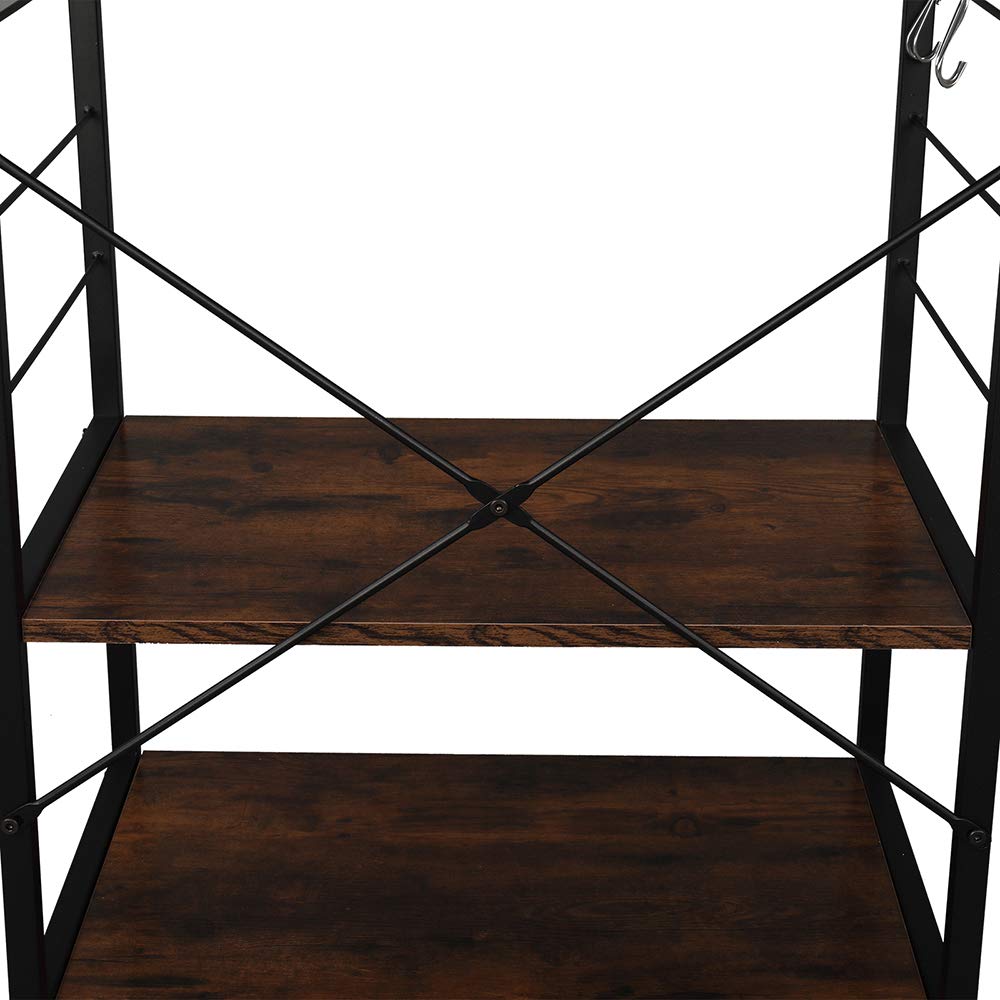 4-Tier Metal Standing Baker's Rack with Hooks - Rustic Brown Kitchen Microwave Oven Stand, Multipurpose Storage Shelf for Living Room & Kitchen - Perfect for Small Spaces, Pantry Organization & Baking Needs