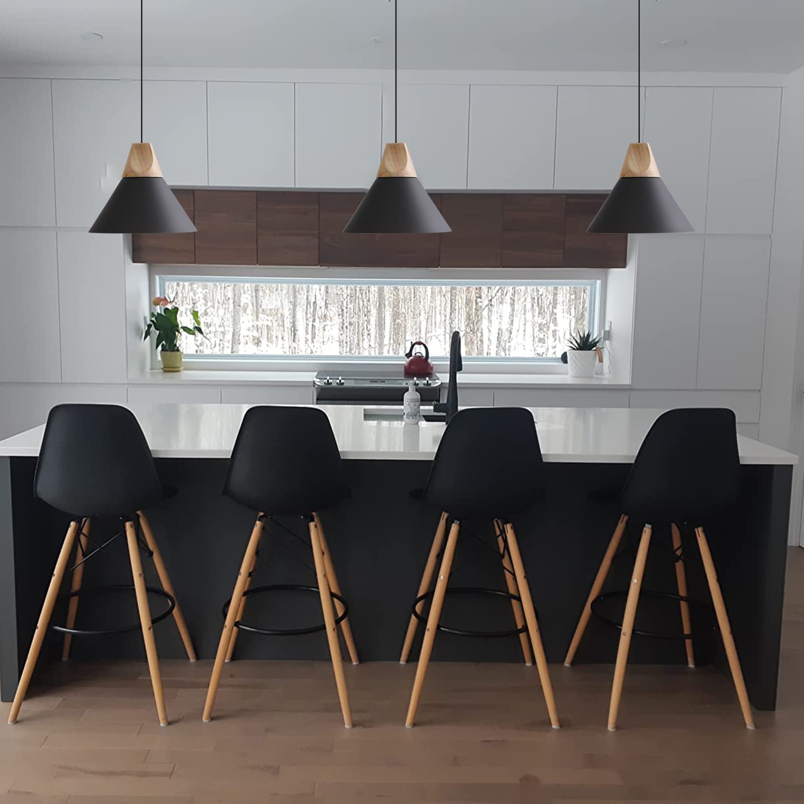 Modern Matte Black Pendant Light - Solid Wood Ceiling Hanging Lamp for Kitchen Island, Dining Room & Coffee Bar (3-Pack) - Perfect for Farmhouse, Industrial & Contemporary Home Decor
