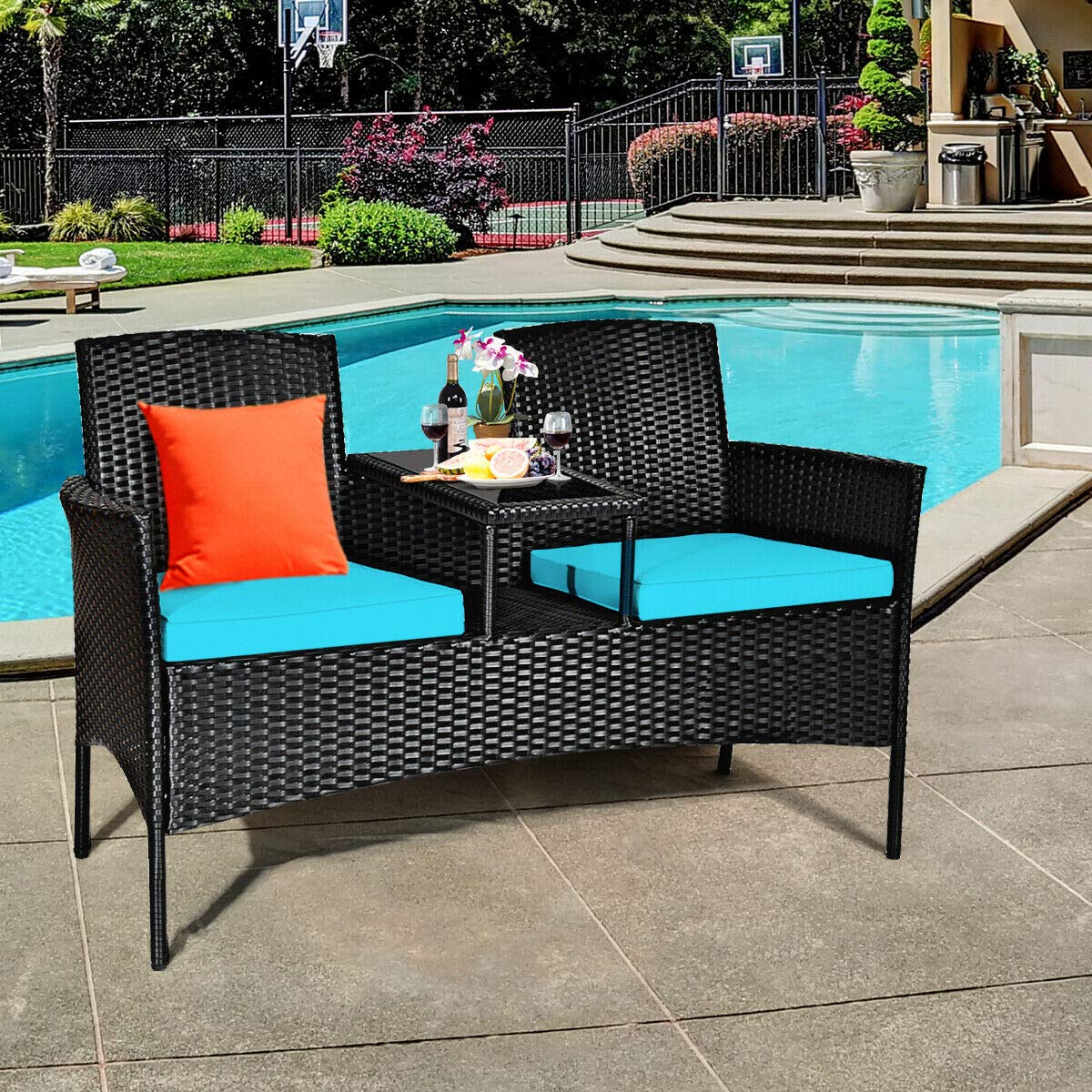Relax4Life Outdoor Rattan Wicker Loveseat Set with Coffee Table & Removable Cushions - Patio, Garden, Balcony, Porch Furniture for Relaxing & Entertaining (Black & Blue) - Perfect for Backyard Lounging, Poolside Chats & Summer Gatherings
