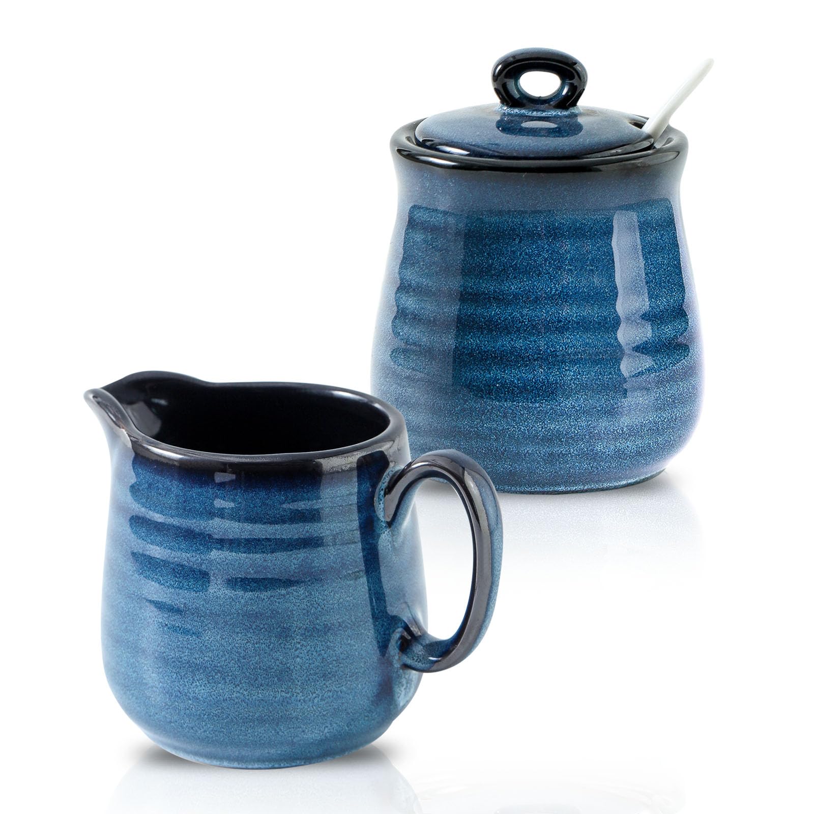 Farmhouse Style Ceramic Sugar Bowl with Lid & Spoon, Creamer Pitcher, and Serving Tray Set - 11oz Sugar Container & 10oz Milk Jug - Microwave & Dishwasher Safe Coffee Bar Accessories - Perfect for Breakfast Nook, Tea Parties, and Rustic Kitchen Decor (Blue)