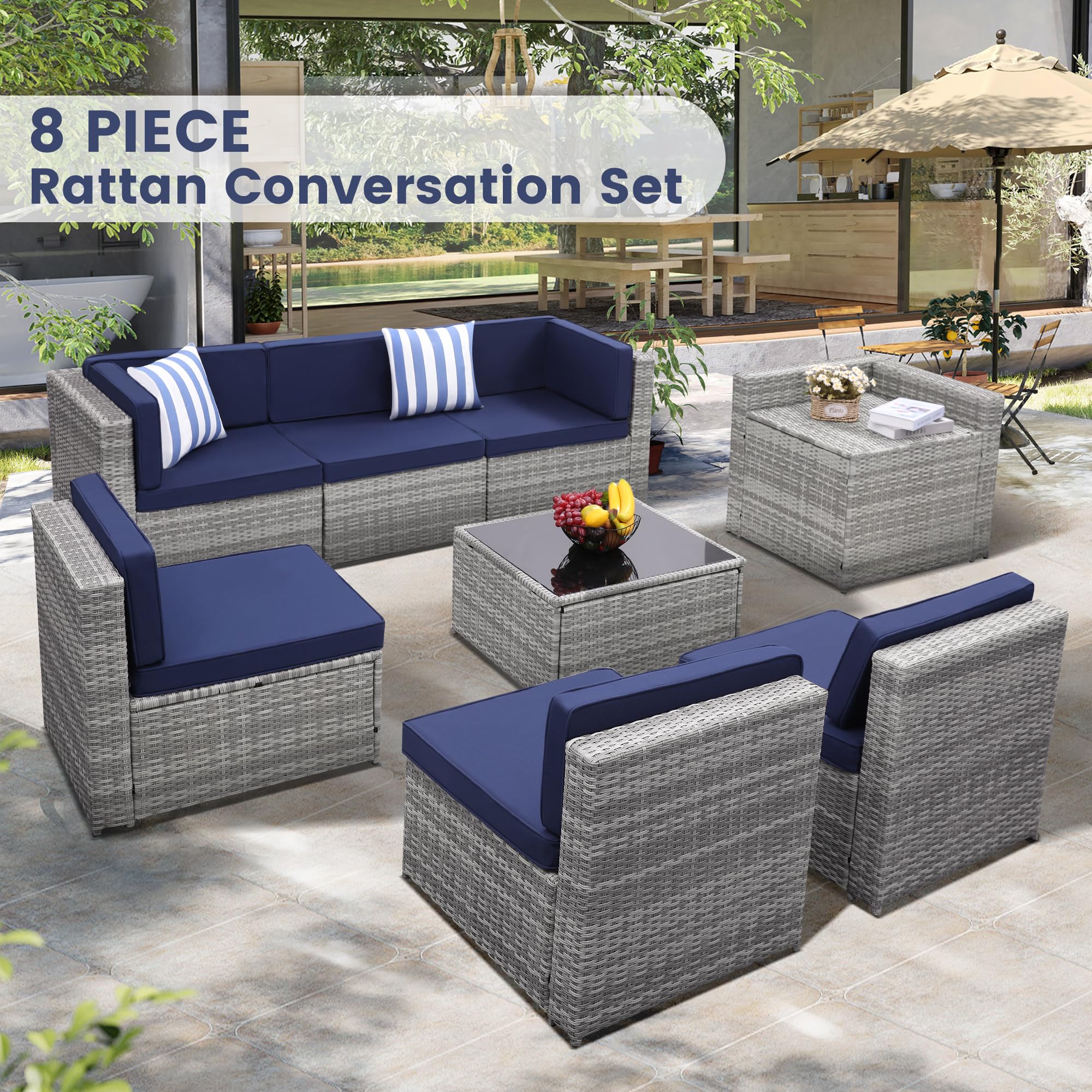 8-Piece Outdoor Wicker Patio Furniture Sectional Set with Glass Top Table & Hidden Storage - 7 Seating Components, Grey Rattan with Blue Cushions - Perfect for Backyard, Garden & Poolside Relaxation