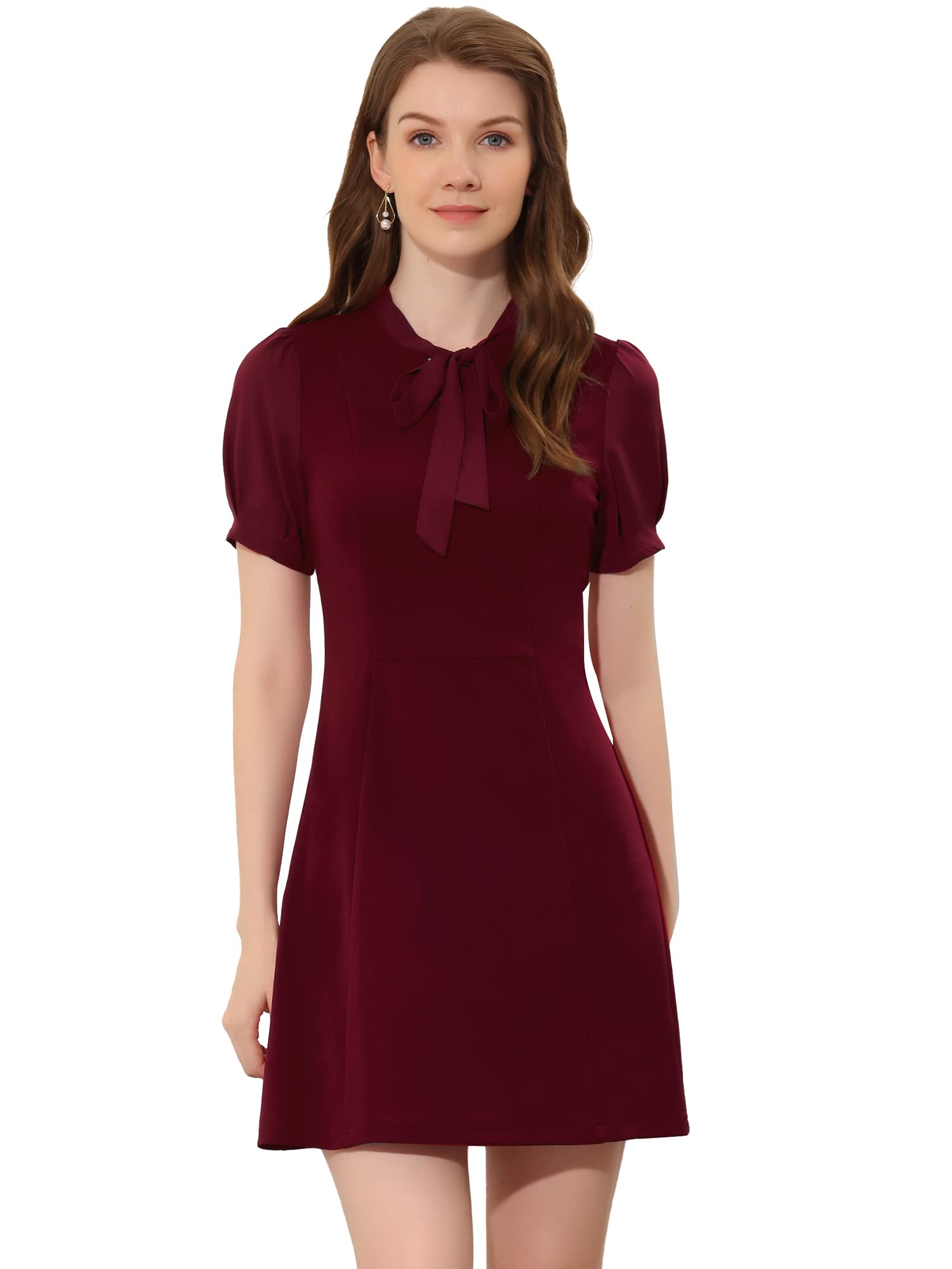 Allegra K Women's Elegant Tie Neck Puff Sleeve Office Dress - Professional Work Attire for Business Meetings & Office Wear