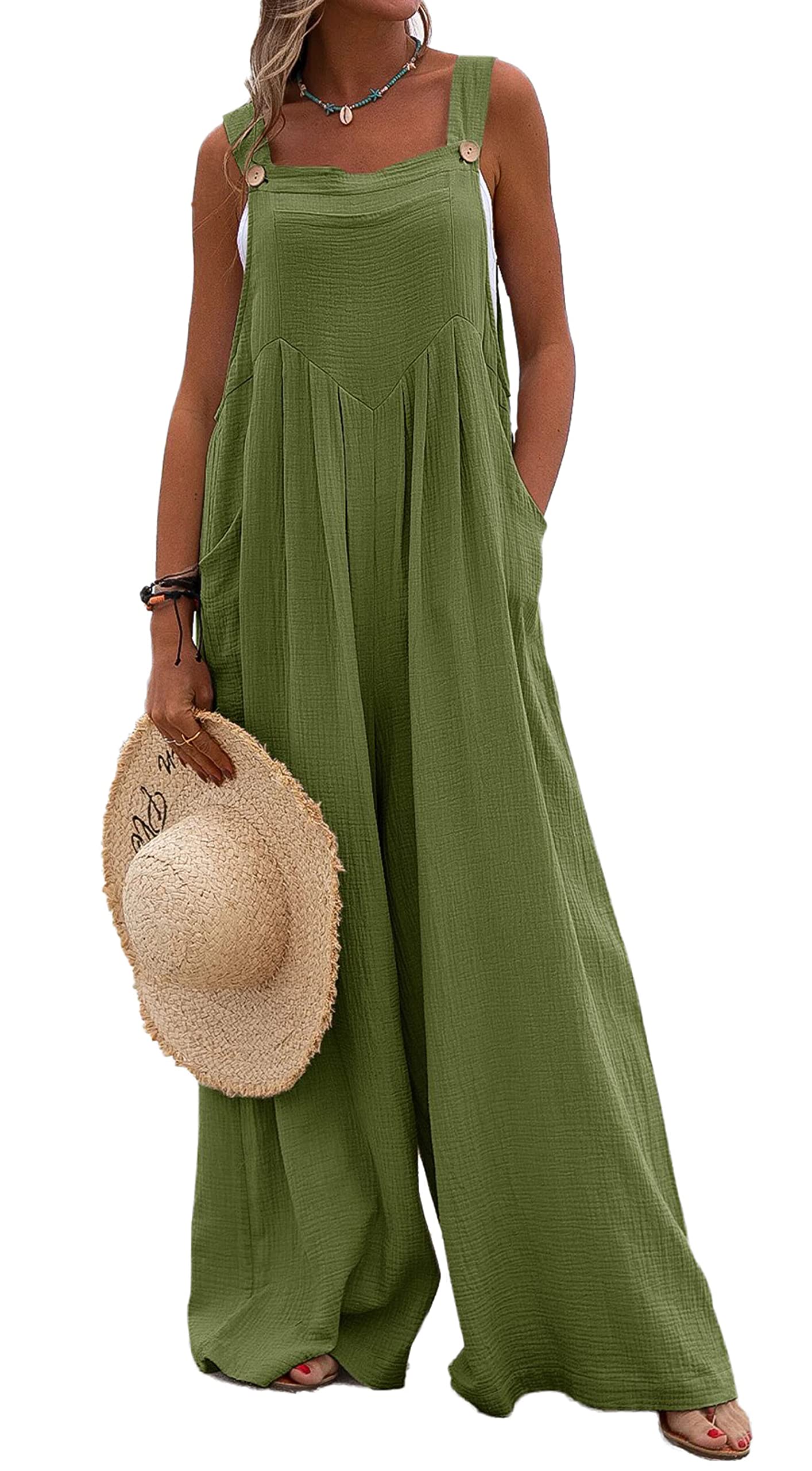 Women's Wide Leg Jumpsuit - Sleeveless Suspender Overalls with Pockets | Loose Baggy Romper | Button Palazzo Pants | Perfect for Casual Wear, Summer Outfits & Street Style Fashion