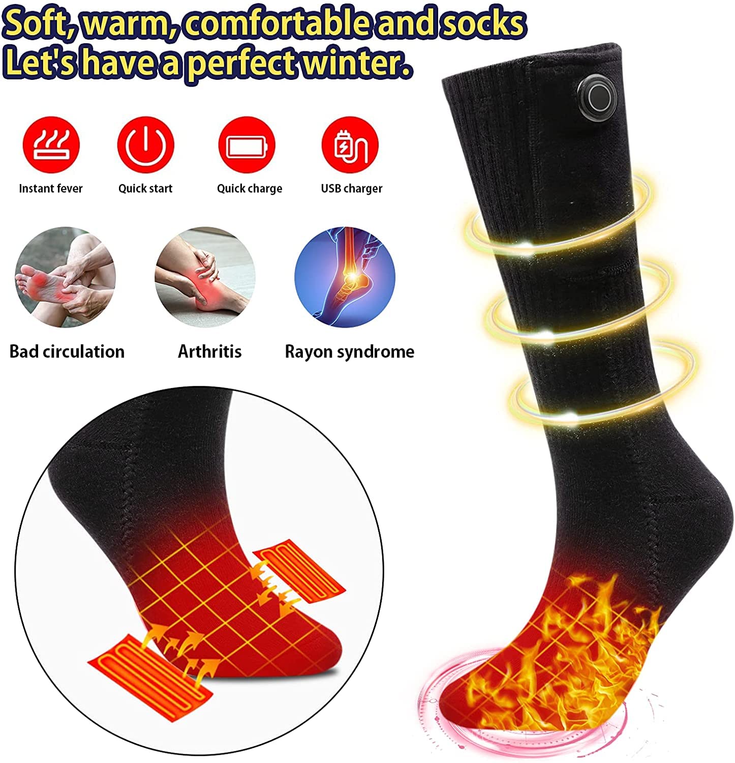 Rechargeable Heated Socks for Men & Women - 5000mAh Battery Electric Warm Socks for Skiing, Motorcycling, Cycling, Camping & Outdoor Activities - Cold Weather Foot Warmers for Winter Sports & Daily Use
