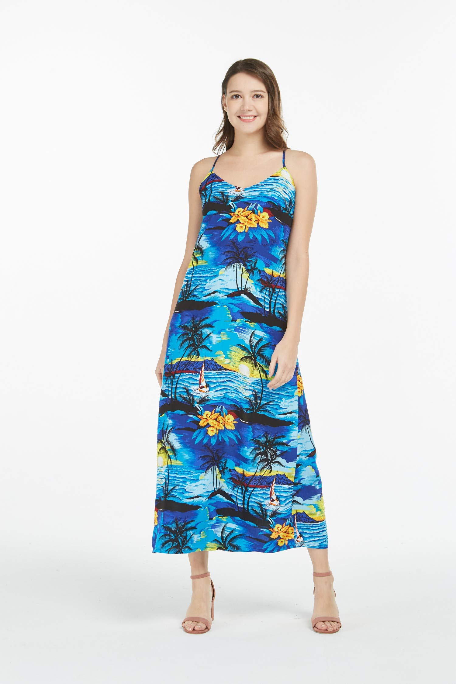 Women's Hawaiian Luau Sunset Blue Maxi Sweetheart Dress - Floral Summer Beach Dress for Tropical Vacation, Pool Party & Island Getaway