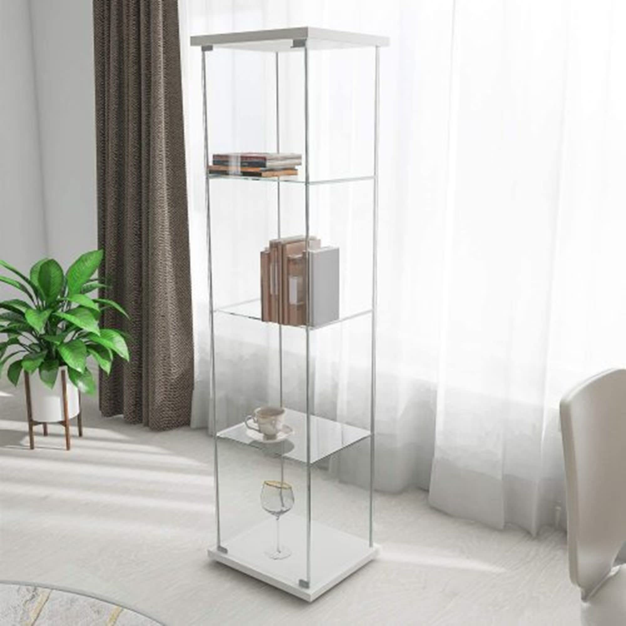 4-Tier Glass Display Cabinet with Door - White Floor Standing Bookcase & Storage Shelf for Living Room, Bedroom, Office - Multifunctional Display Case for Books, Collectibles, Decor