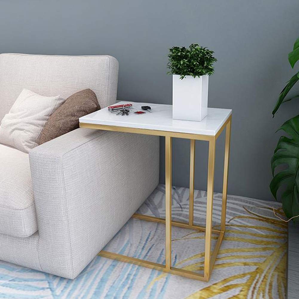 **Marble Finish Gold Frame C-Shaped End Table - 21.6 Inch Home Snack Side Table for Sofa, Couch & Bed - Perfect for Living Room, Laptop Use & Breakfast Tray**