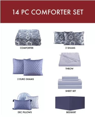 Sunham Hendel 14-Piece Queen/King Size Super Soft Indigo Blue Comforter Set - Luxurious Bedding for Master Bedroom, Guest Room & Dorm Decor