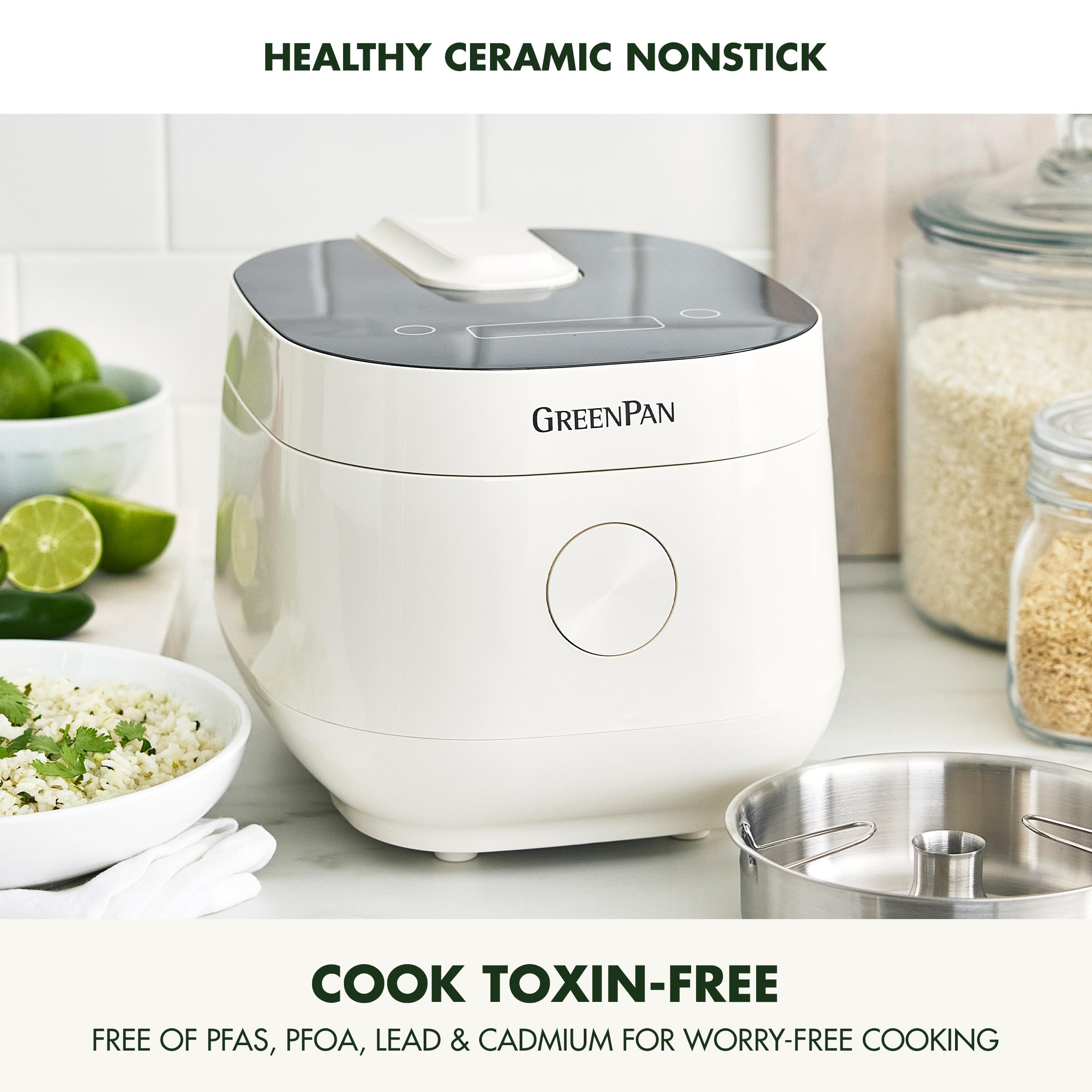 GreenPan Nonstick Electric Rice Cooker - 4 Cups Uncooked (8 Cooked) Capacity, 10 Preset Programs with LED Display, PFAS-Free Ceramic Coating, Delay Timer & Cool-Touch Exterior - Perfect for Healthy Meals, Meal Prep & Family Dinners - White