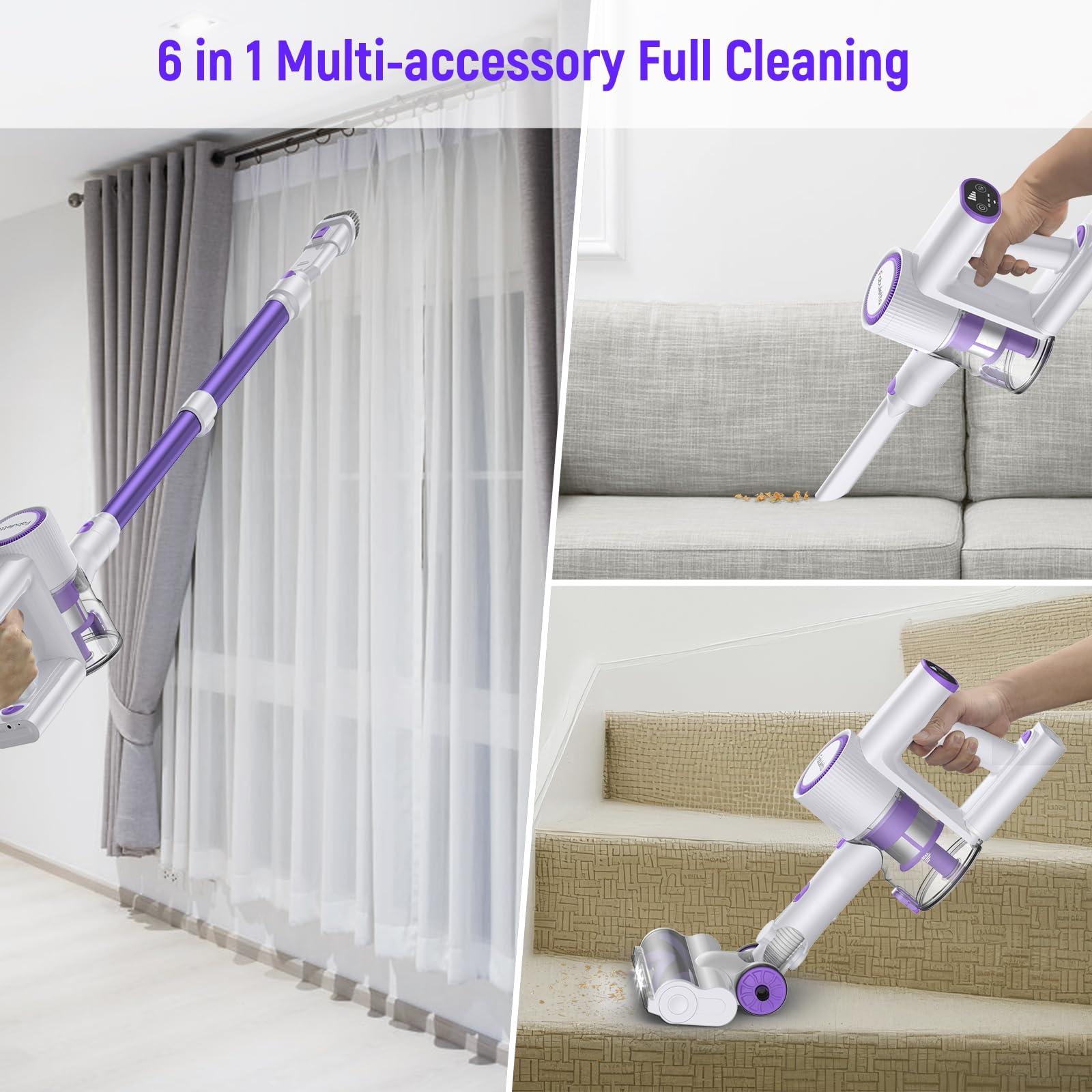 FABULETTA Cordless Vacuum Cleaner - 30Kpa Powerful Suction, 45Min Detachable Battery, 400W Brushless Motor, 6-in-1 Lightweight Stick Vacuum for Hardwood Floors, Carpets & Pet Hair - Perfect for Home Cleaning (Purple) | Ideal for Quick Cleanups, Pet Owners & Allergy Sufferers