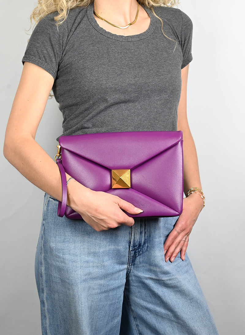 Valentino Leather Clutch Bag with Roman Studs in Purple - Perfect for Evening Parties & Special Occasions
