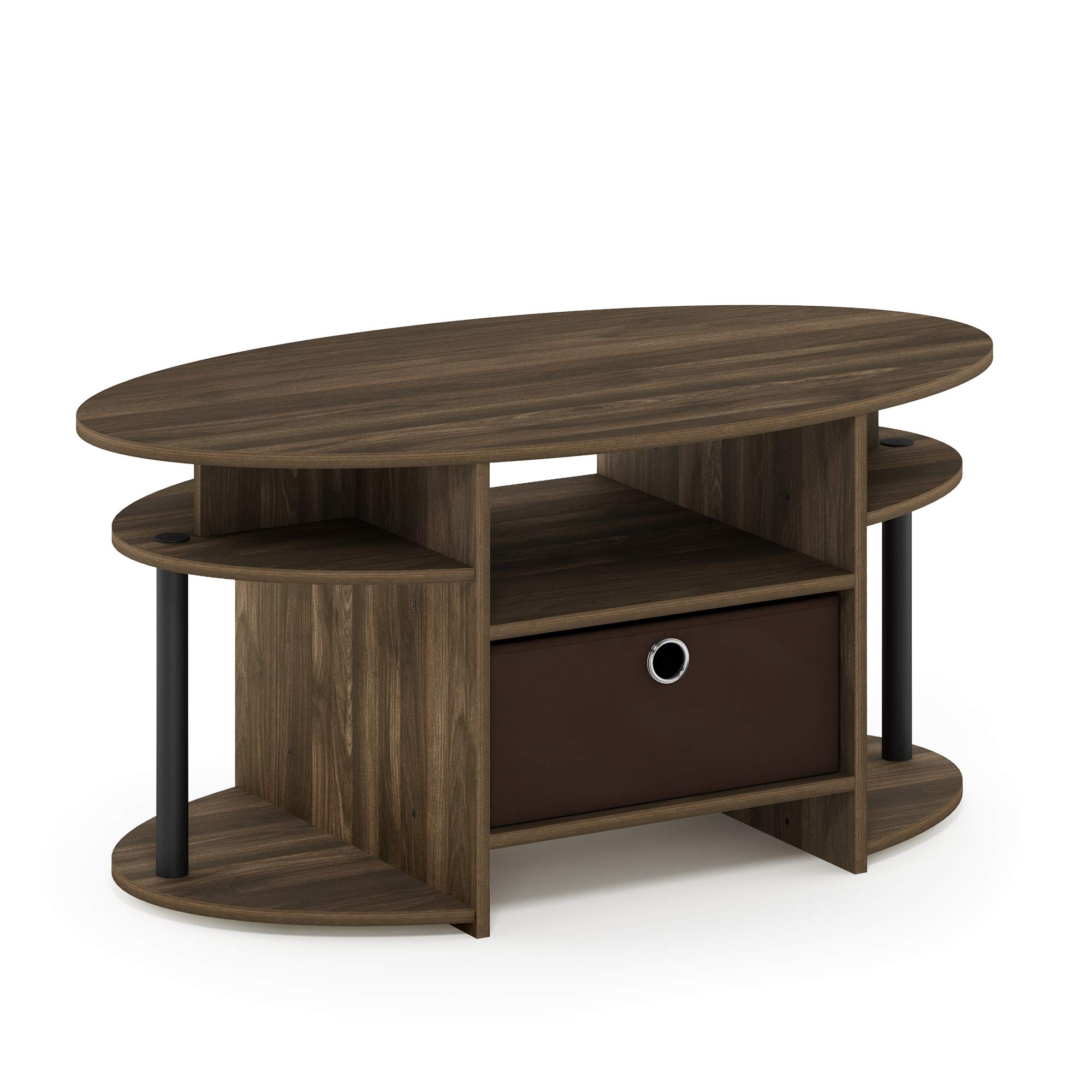 Furinno Jaya Oval Coffee Table with Storage Bin - Simple Modern Design for Living Room, Columbia Walnut/Black/Dark Brown - Perfect for Small Spaces, Apartments & Home Decor