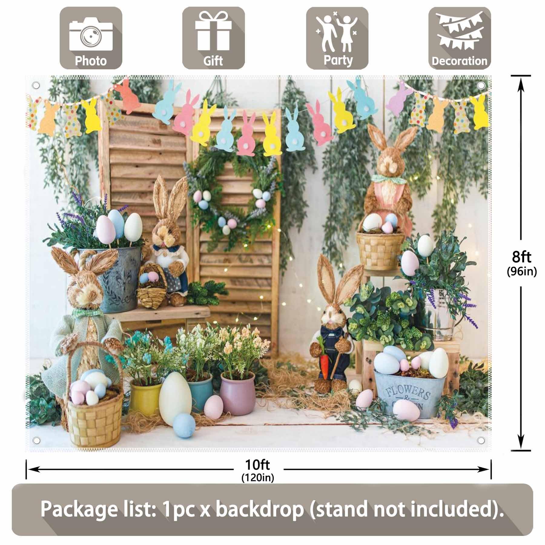 10x8ft Spring Easter Photography Backdrop - Colorful Garden Bunny with Eggs & Flowers - Baby Kids Portrait Photo Booth Props for Easter Party, Baby Shower & Spring Celebrations
