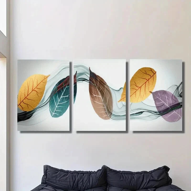 3PCS Golden Leaves Metal Wall Art Prints - Ready to Hang Modern Home Decor for Living Room, Bedroom & Office