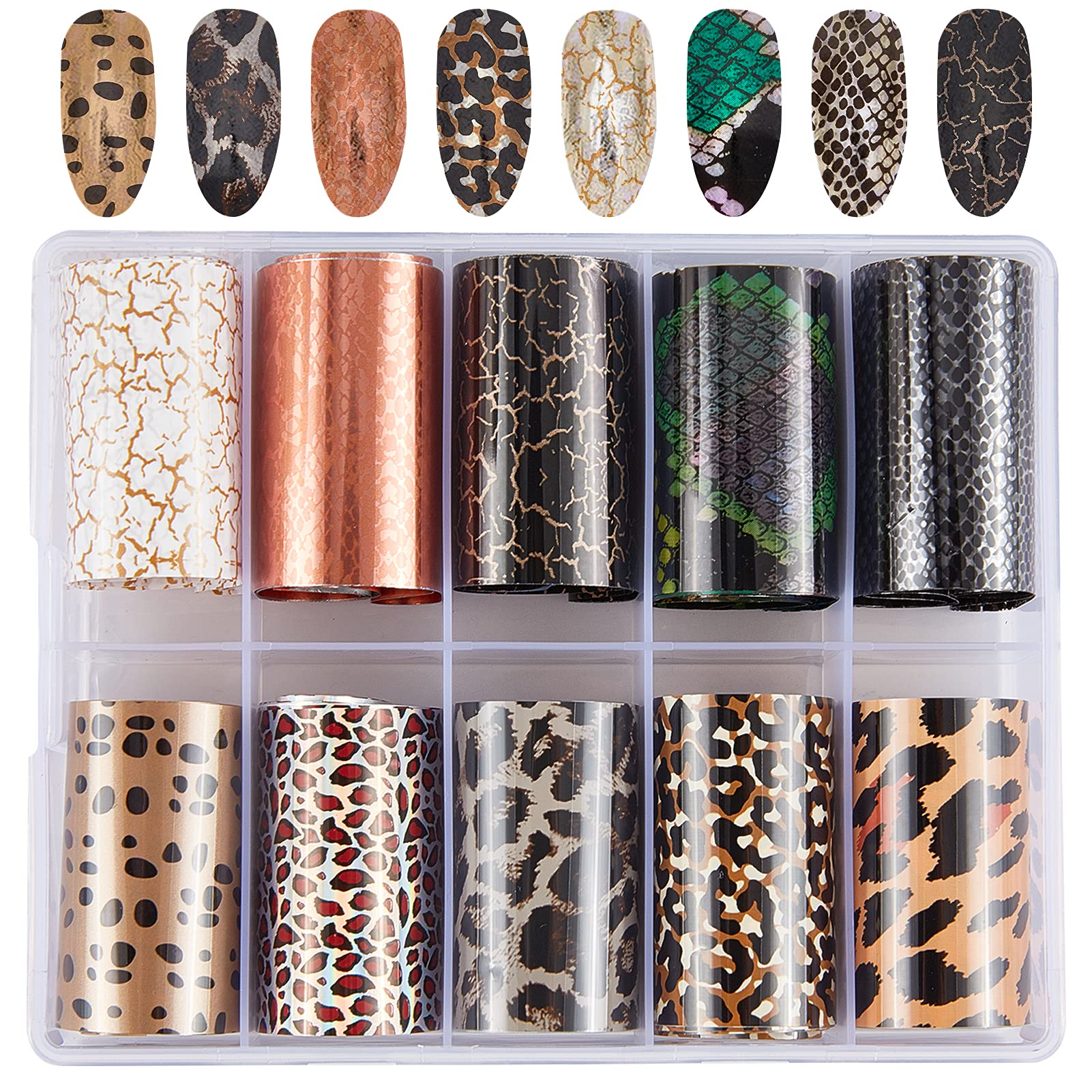 NICENEEDED 10 Rolls Leopard Print Nail Foil Transfer Stickers Set - 10 Stylish Nail Art Decals for Women & Girls DIY Manicure - Perfect for Home Nail Salon, Party Nail Designs & Gift Giving
