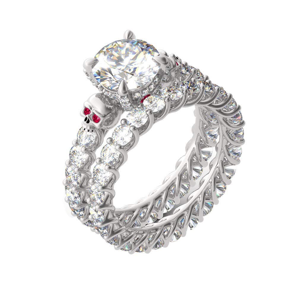 Jeulia 9 Carat Sterling Silver Eternity Stacking Skull Rings for Women - Bridal Ring Set with Round Cut Gemstones, Perfect for Engagement, Anniversary & Promise Gifts (Includes Jewelry Box) | Ideal for Gothic Weddings, Valentine's Day & Alternative Fashion Accessories
