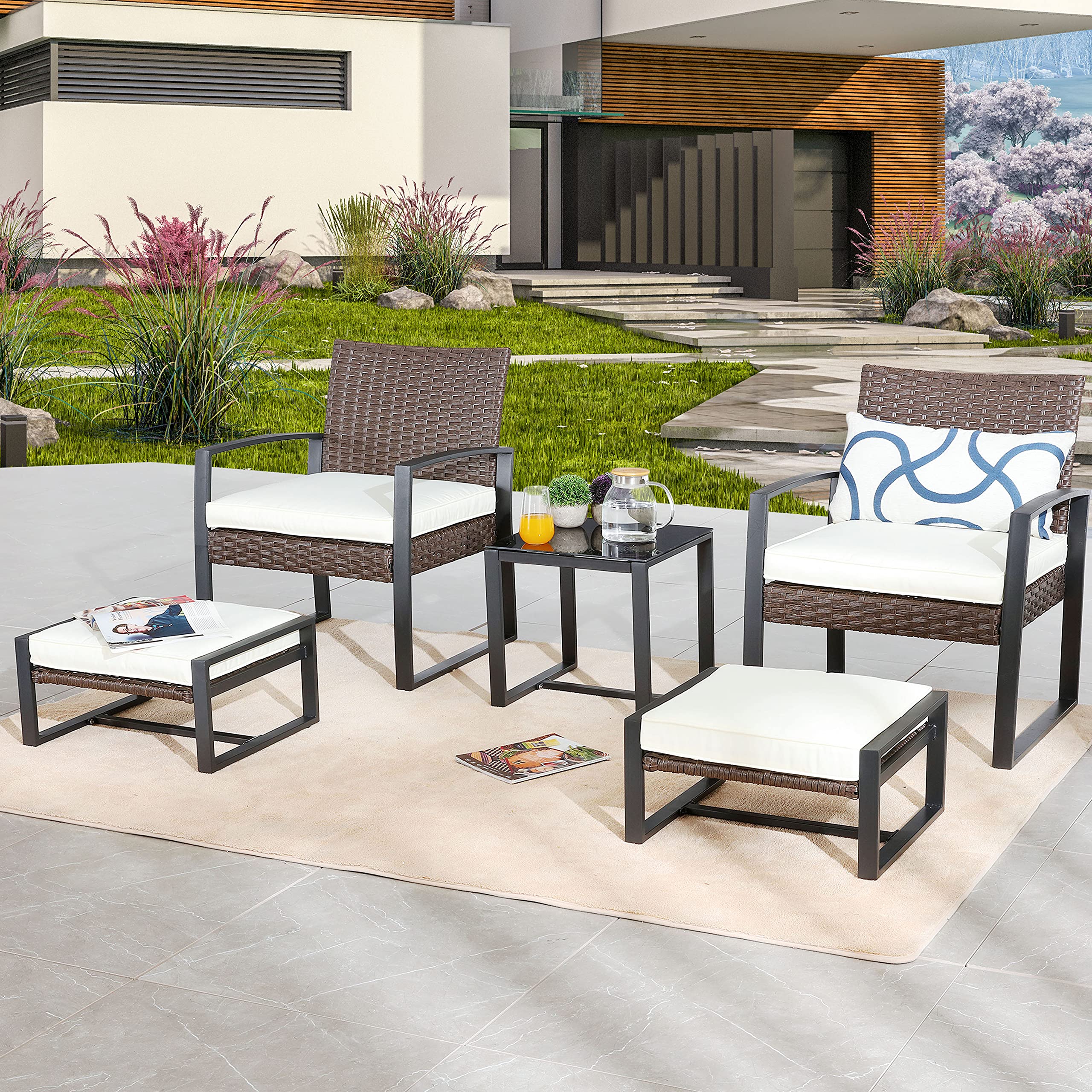 LOKATSE HOME 5-Piece Patio Conversation Set - Outdoor PE Wicker Rattan Sofa with Cushions, Chairs & Ottoman, Tempered Glass Coffee Table - White - Perfect for Backyard, Garden, Poolside & Patio Relaxation
