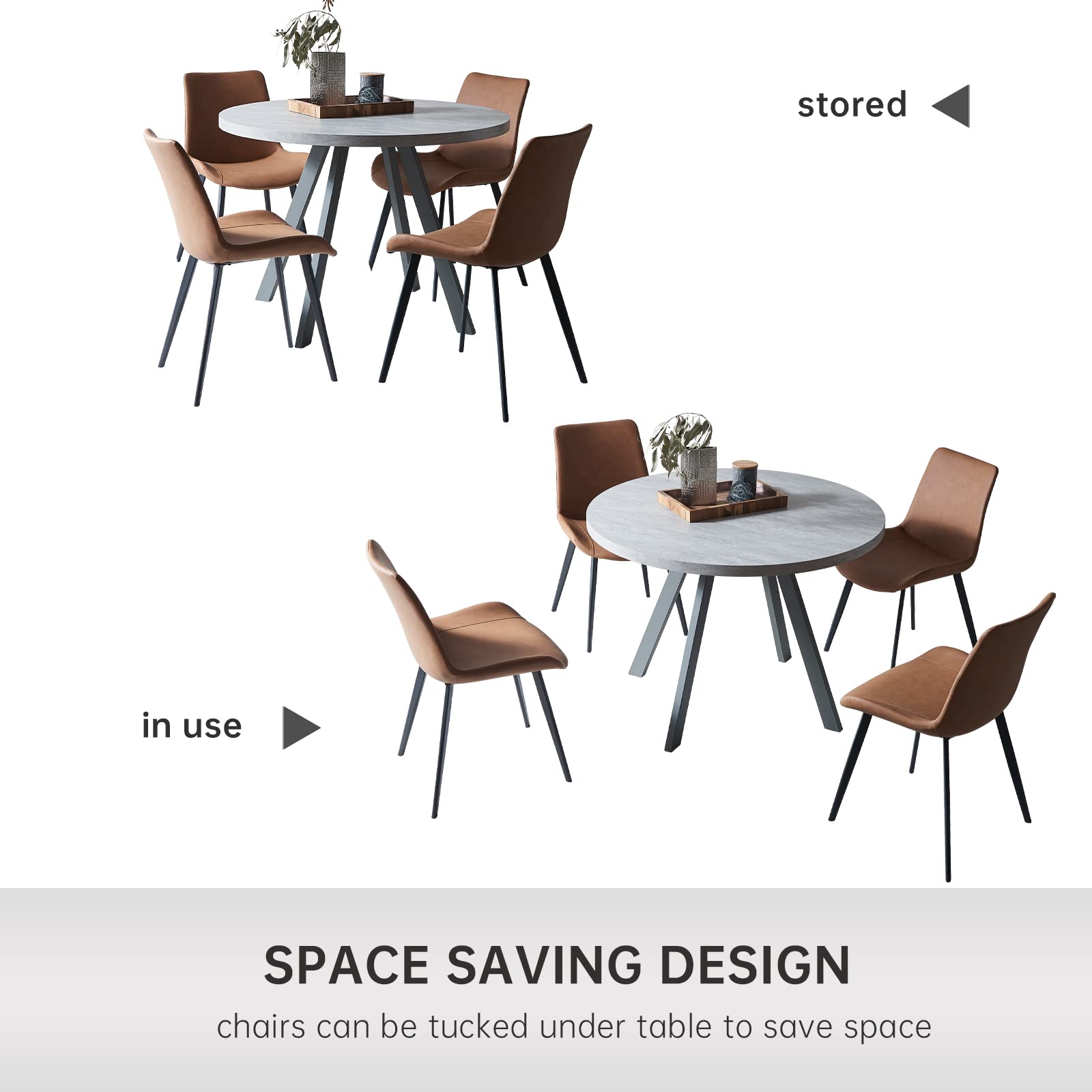 Mid Century Modern Round Dining Table Set with 4 Brown Chairs - Space Saving Small Kitchen Table for Breakfast Nook, Apartment Dining, and Cozy Family Meals
