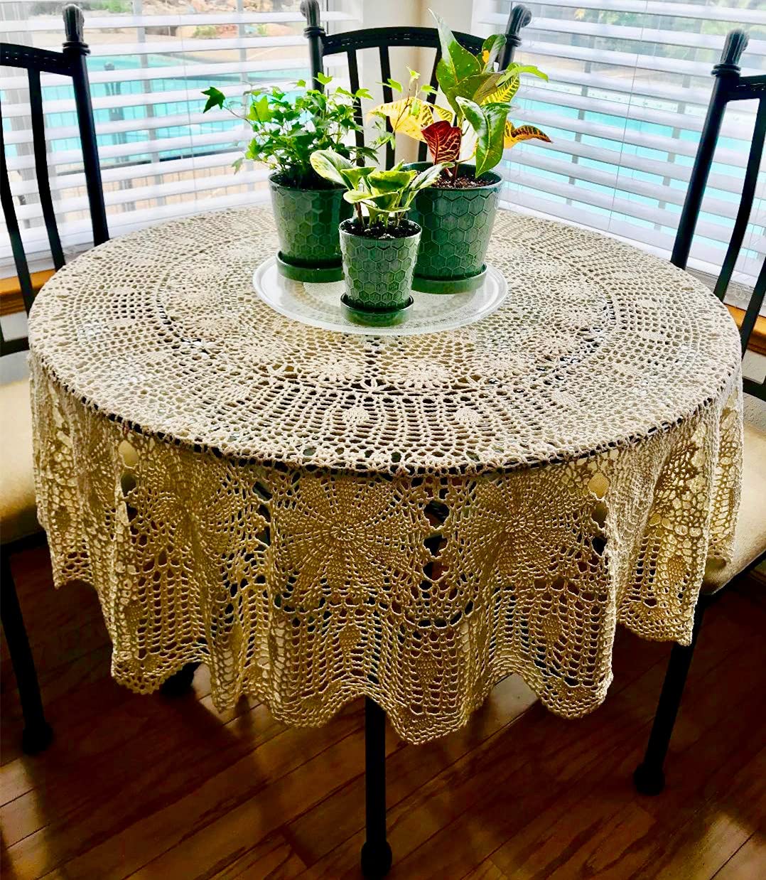 USTIDE 63-inch Round Crochet Lace Tablecloth Beige - Elegant Handmade Dining Table Cover for Kitchen, Living Room & Wedding Decor - Perfect for Formal Dinners, Tea Parties & Home Decor