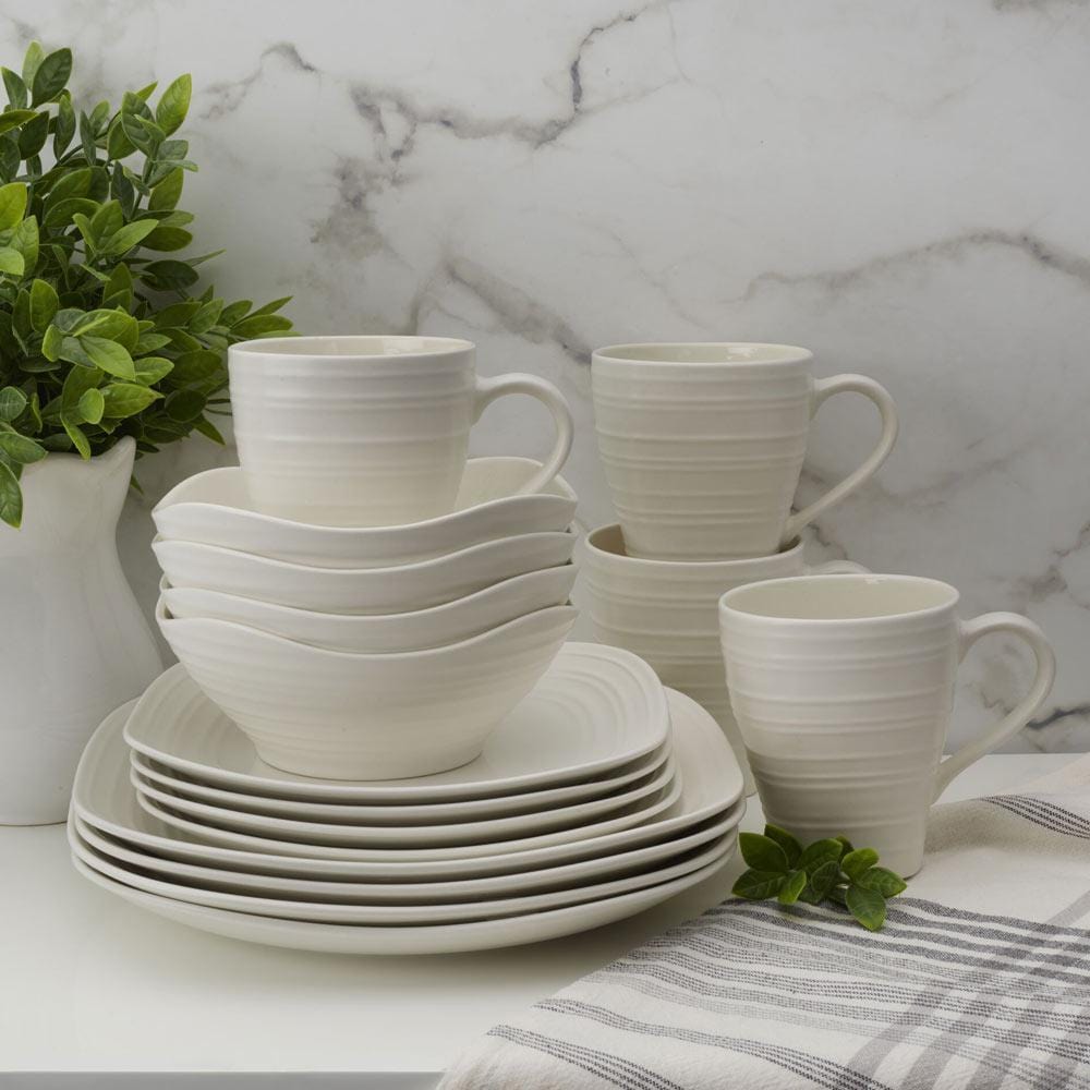 16-Piece White Square Dinnerware Set - Service for 4, Modern Swirl Design for Everyday Dining & Entertaining | Dishwasher & Microwave Safe