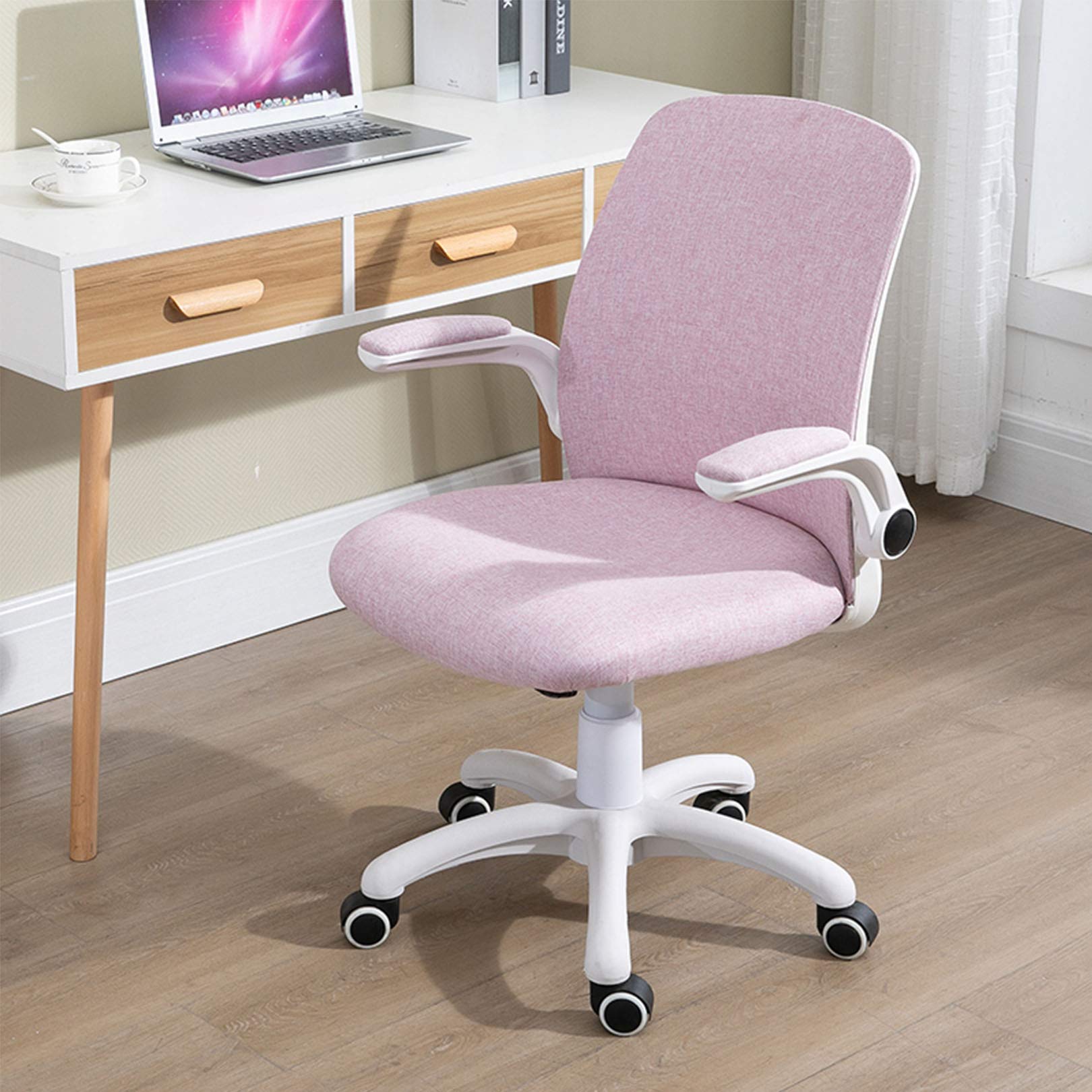 Ergonomic Swivel Desk Chair with Linen Fabric & Breathable Mesh High Back - Easy Assembly Pink Office Chair for Home & Workspaces - Perfect for Long Hours of Computer Work, Gaming, or Studying