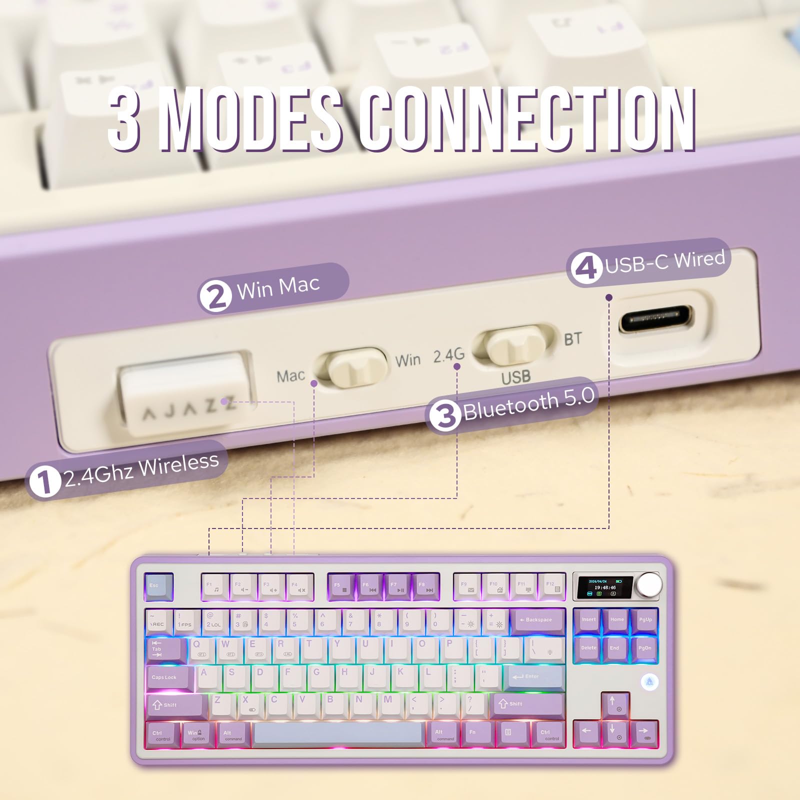 AJAZZ AK870 87-Key Wireless Mechanical Gaming Keyboard - Hot-Swappable Screen & Knob, Bluetooth 5.0/2.4GHz/USB-C, Gasket Mount with 5-Layer Padding for Windows/Mac (Purple, Hyacinth Switch) - Perfect for Esports, Office Work & Streaming