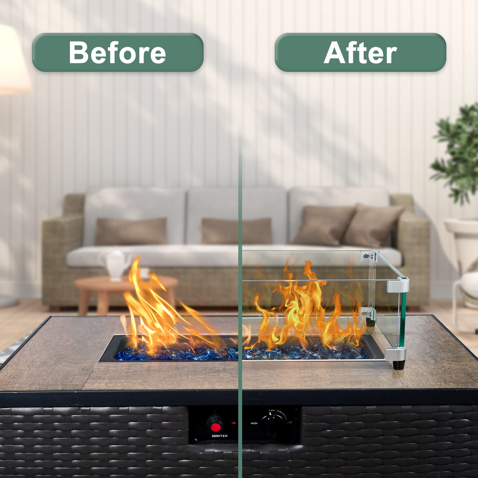 GASPRO 35.5 x 15.5 Inch Tempered Glass Wind Guard for Rectangular Fire Pit Table - Heavy Duty Aluminum Corner Bracket & Non-Slip Rubber Feet - Easy Assembly for Outdoor Patio, Backyard, and Camping Use