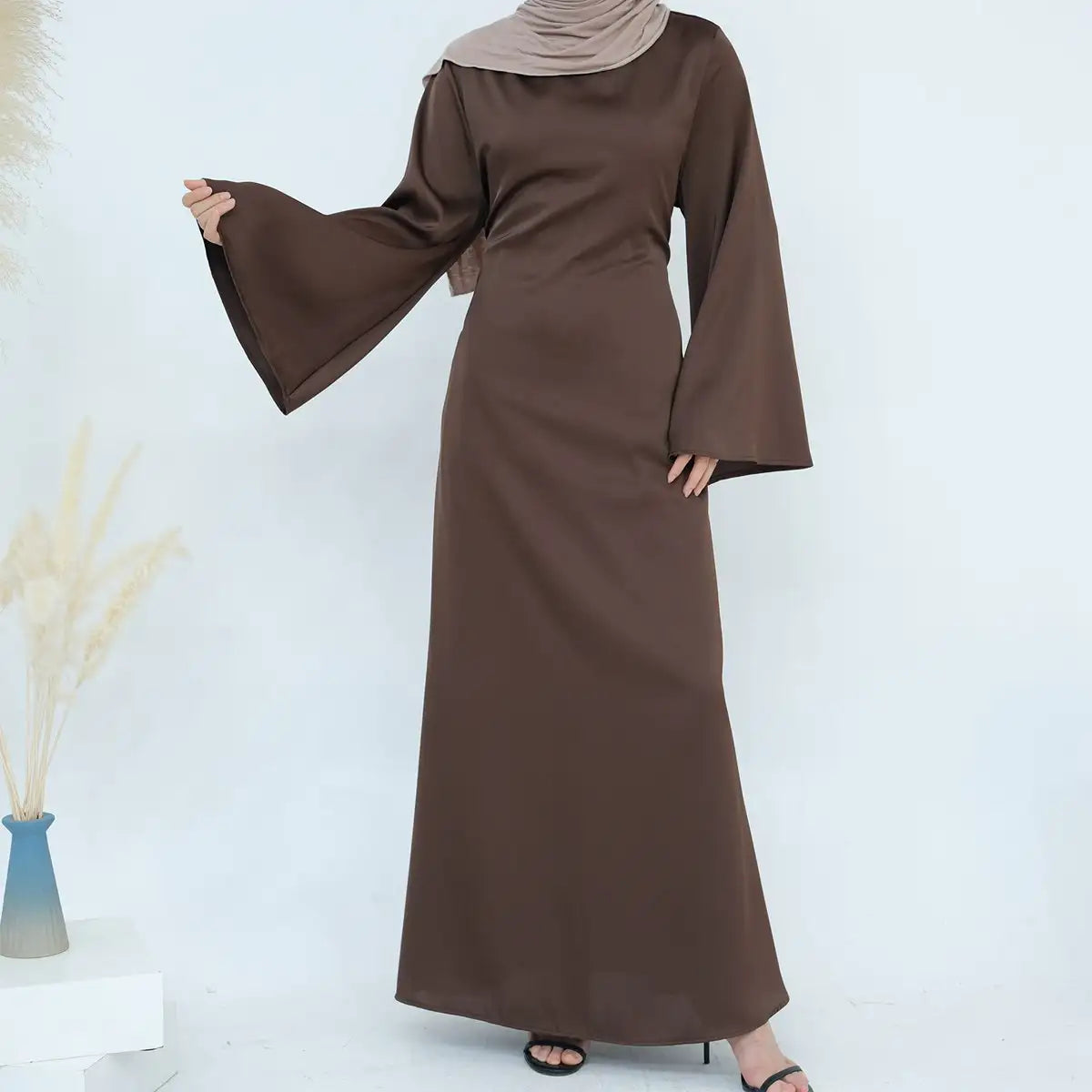 Elegant Adjustable Belt Satin Abaya Dress for Women - Modest Islamic Prayer Dress for Eid, Wedding & Special Occasions