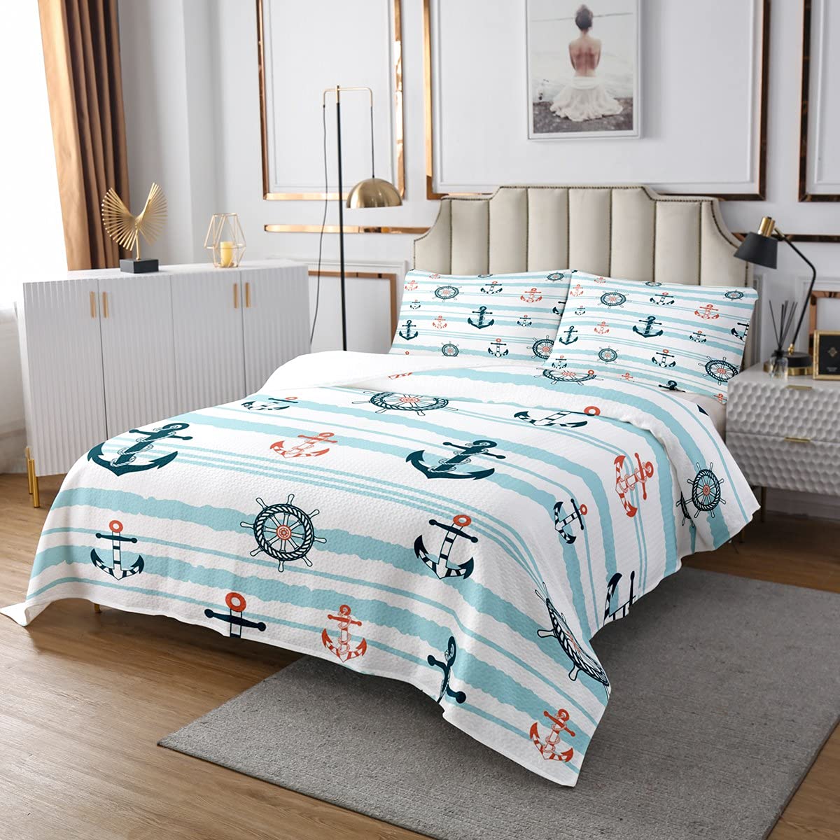 Erosebridal Nautical Twin Size Bedspread Set - Ocean Theme Quilted Coverlet with Steering Wheel & Anchor Design, Blue Geometric Stripe for Kids, Boys, Youth & Teens | Perfect for Coastal Bedroom Decor, Dorm Room or Beach House Style (2-Piece Set)
