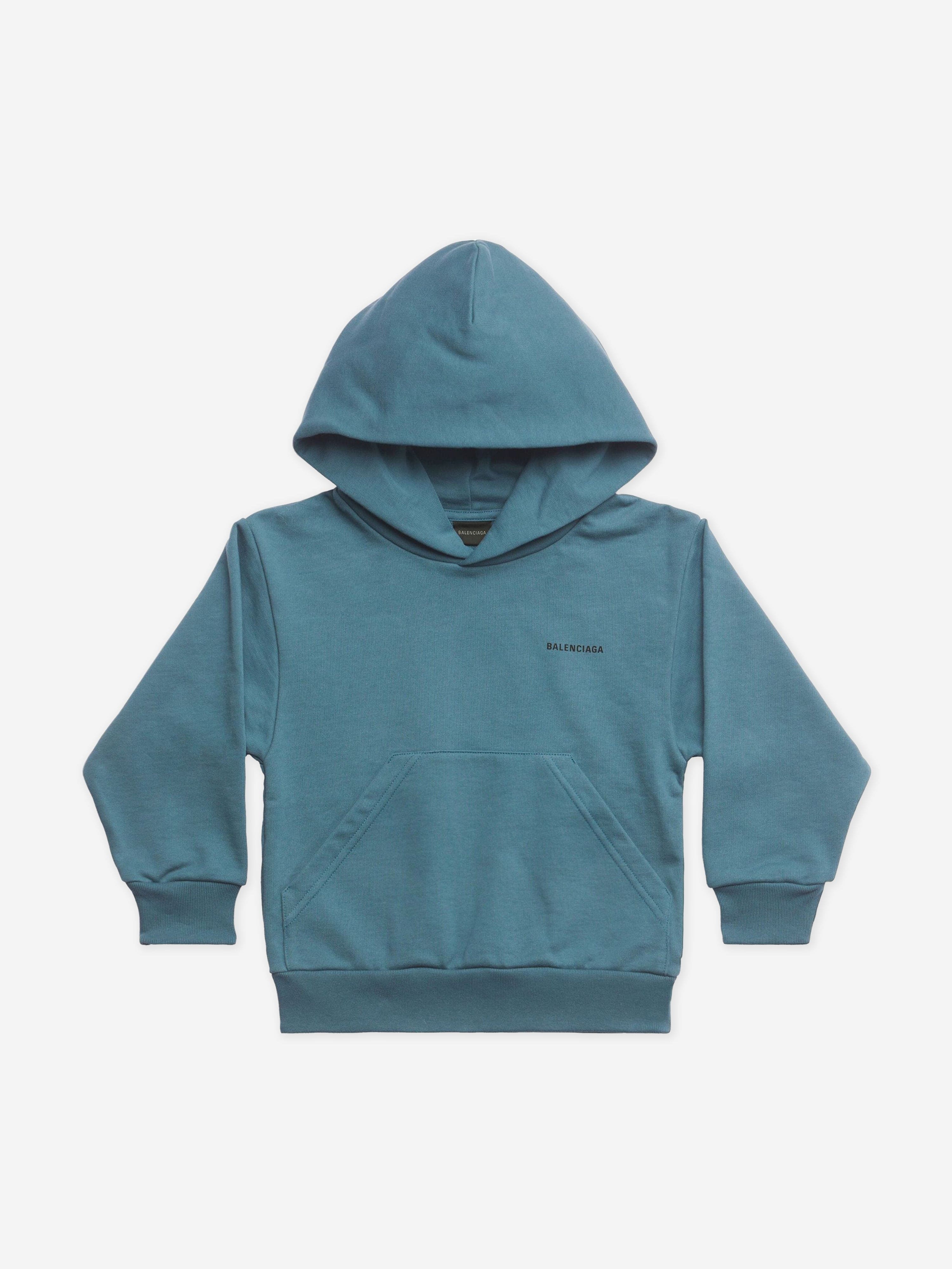 Balenciaga Kids Logo Hoodie - Teal Blue Cotton Pullover for Boys & Girls | Stylish Casual Wear for School, Playdates & Family Outings