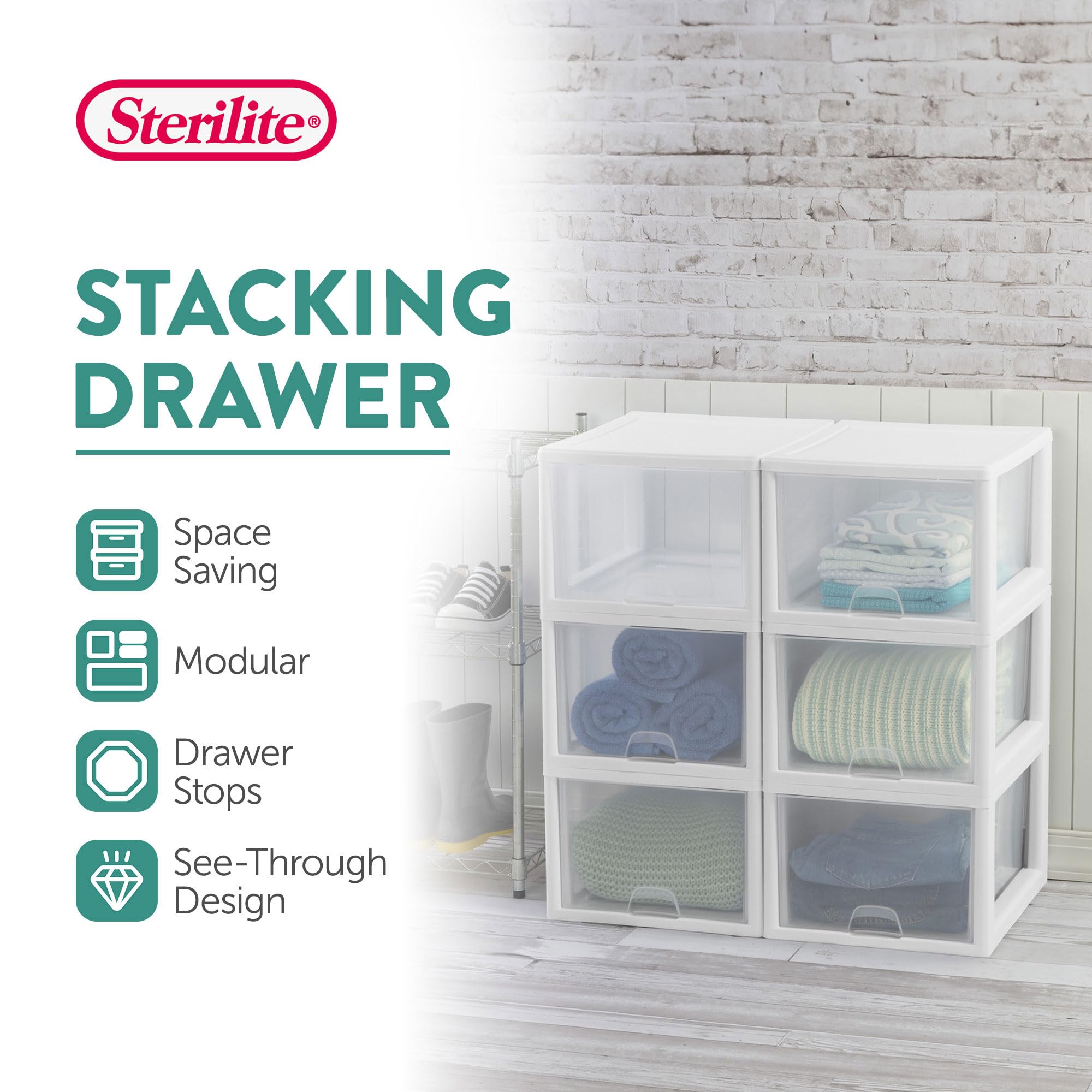 Sterilite 16-Pack Clear Stacking Drawers with White Frame - 27 Quart Plastic Storage Bins for Closet Organization - Perfect for Bedroom, Office, and Garage Storage Solutions