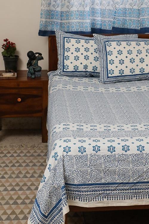 Dream of Stars Handblock Printed Cotton Bedsheet - Premium Soft & Breathable Bedding Set for Home Decor | Perfect for Bedroom, Guest Room & Dormitory