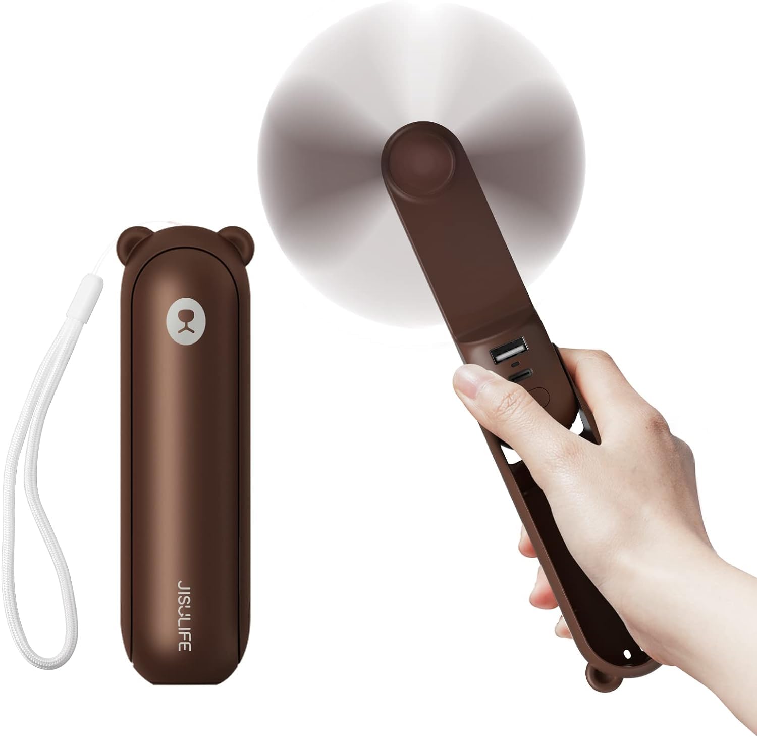 JISULIFE Portable Handheld Fan with 4500mAh Power Bank | 13-46 Hours Runtime | 3-Speed Rechargeable Folding Mini Fan | Enhanced Airflow & Quiet Operation | Perfect for Home, Office, Travel, Camping & Outdoor Activities - Brown