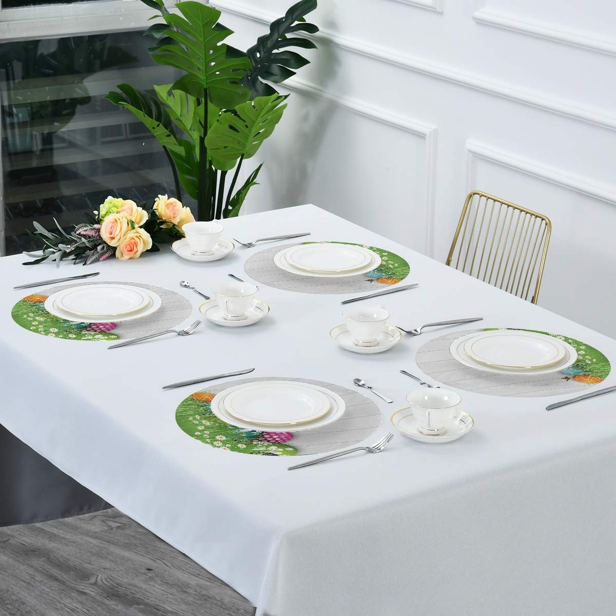 Easter Eggs Flower Butterfly Round Table Mats Set of 4 - Heat Resistant Non-Slip Polyester Placemats for Dining Table - Easter Kitchen Decor - Washable & Easy to Clean - Perfect for Holiday Dinners, Spring Celebrations & Home Decor