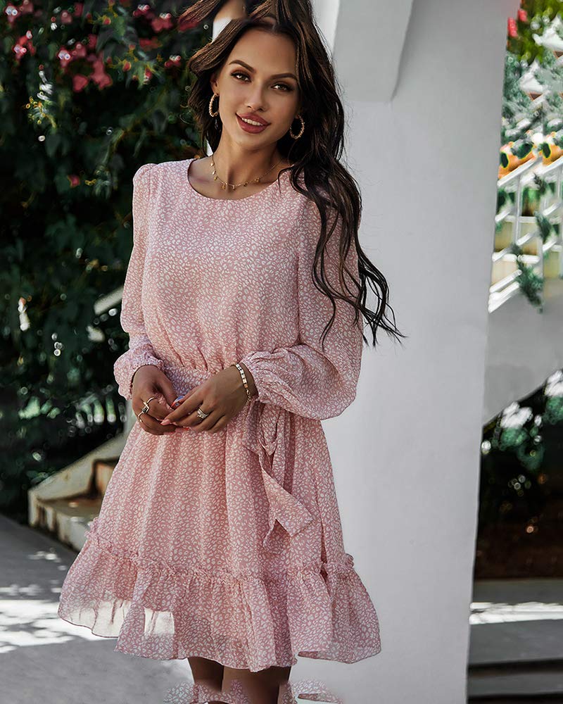Women's Floral Print Ruffle A-Line Mini Dress with Waist Tie - Long Sleeve Round Neck Casual Dress for Spring Summer, Perfect for Date Night, Brunch & Office Wear