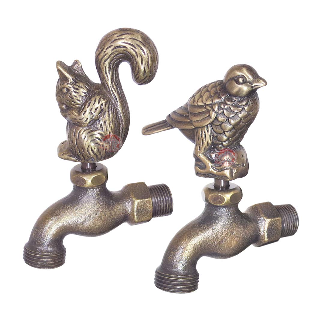 Decorative Solid Brass Outdoor Garden Faucet 4 Inch Set of 2 - Squirrel & Bird Animal Yard Water Tap, Spigot Bibcock for Patio, Lawn & Backyard Decor - Perfect Gift for Garden Lovers