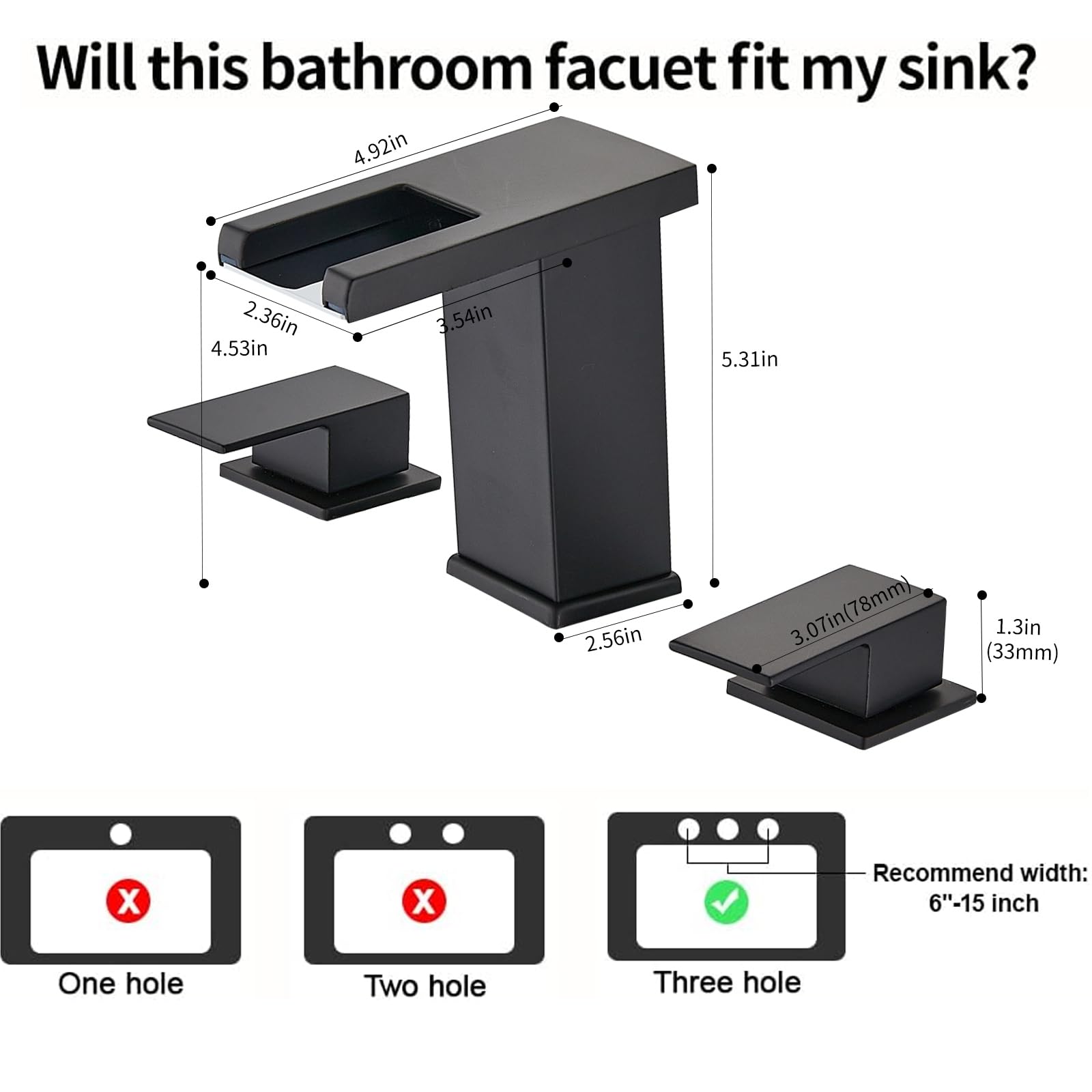 Black 3-Hole Waterfall Bathroom Faucet with LED Light - Perfect for RV & Vanity Sinks