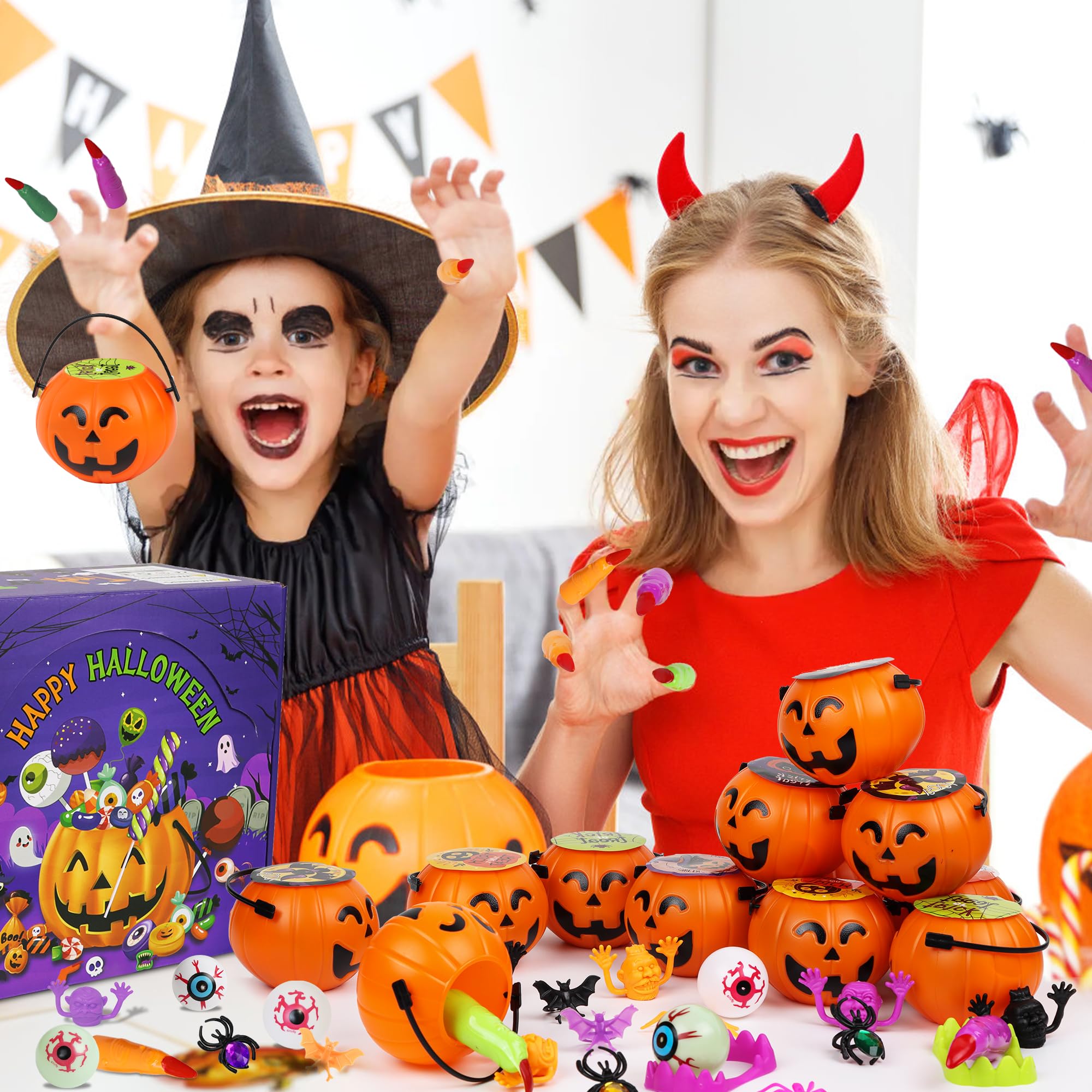 144 Pcs Halloween Party Favors for Kids - 18 Pack Prefilled Mini Pumpkin Toy Boxes Bulk Halloween Prizes, Trick or Treat Gifts, Classroom Rewards & Party Supplies for Halloween Festivities