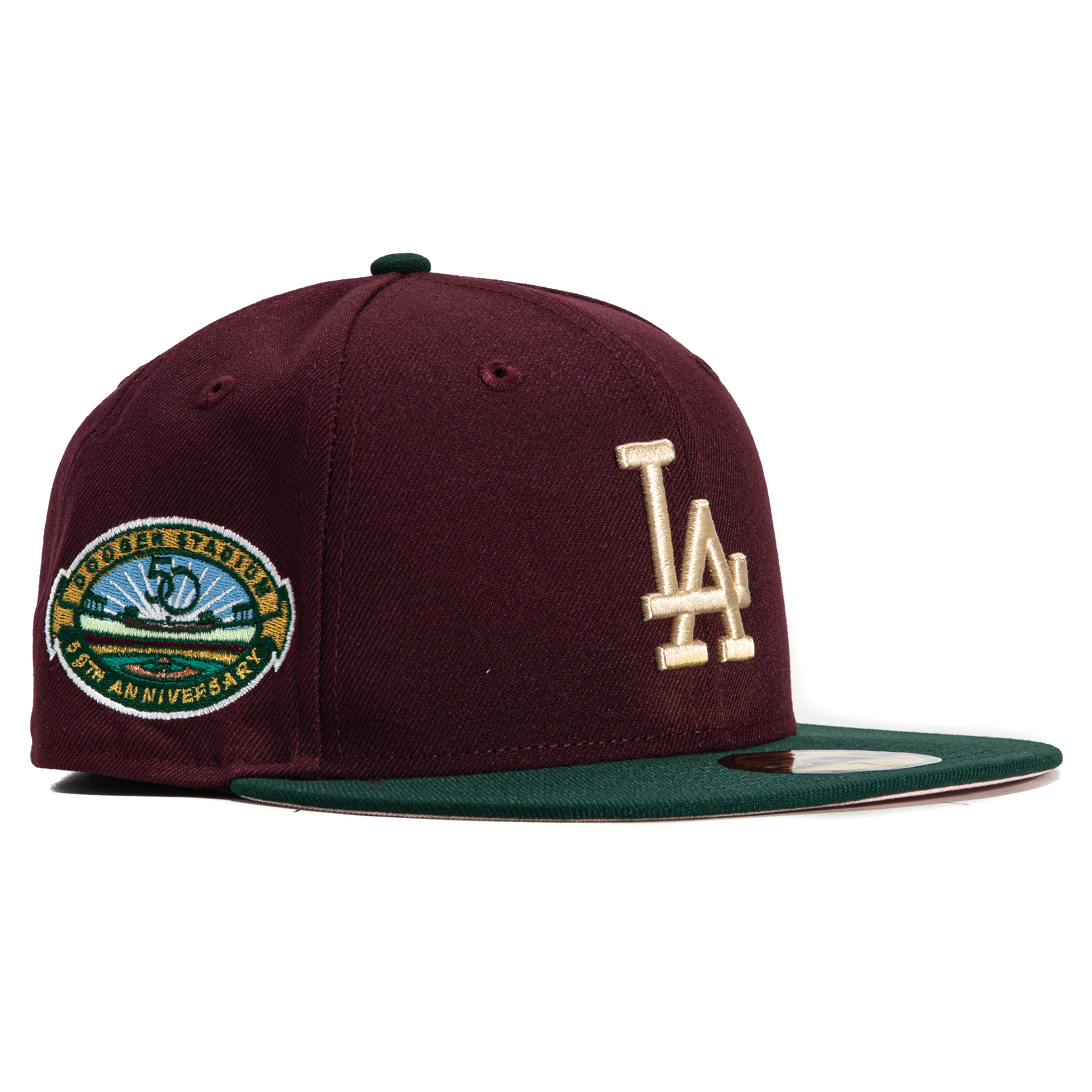 New Era 59Fifty Los Angeles Dodgers 50th Anniversary Stadium Patch Snapback Hat - Maroon & Green - Official MLB Baseball Cap for Fans, Streetwear & Sports Events