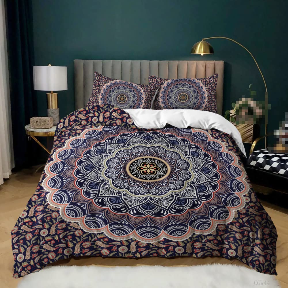 Bohemian Mandala Duvet Cover Set Queen Size - Vintage Floral Print Luxury Bedding with Chinese Style Design - 228x228cm Quilt Cover for Adults & Teens - Perfect for Boho Chic Bedrooms & Guest Room Decor