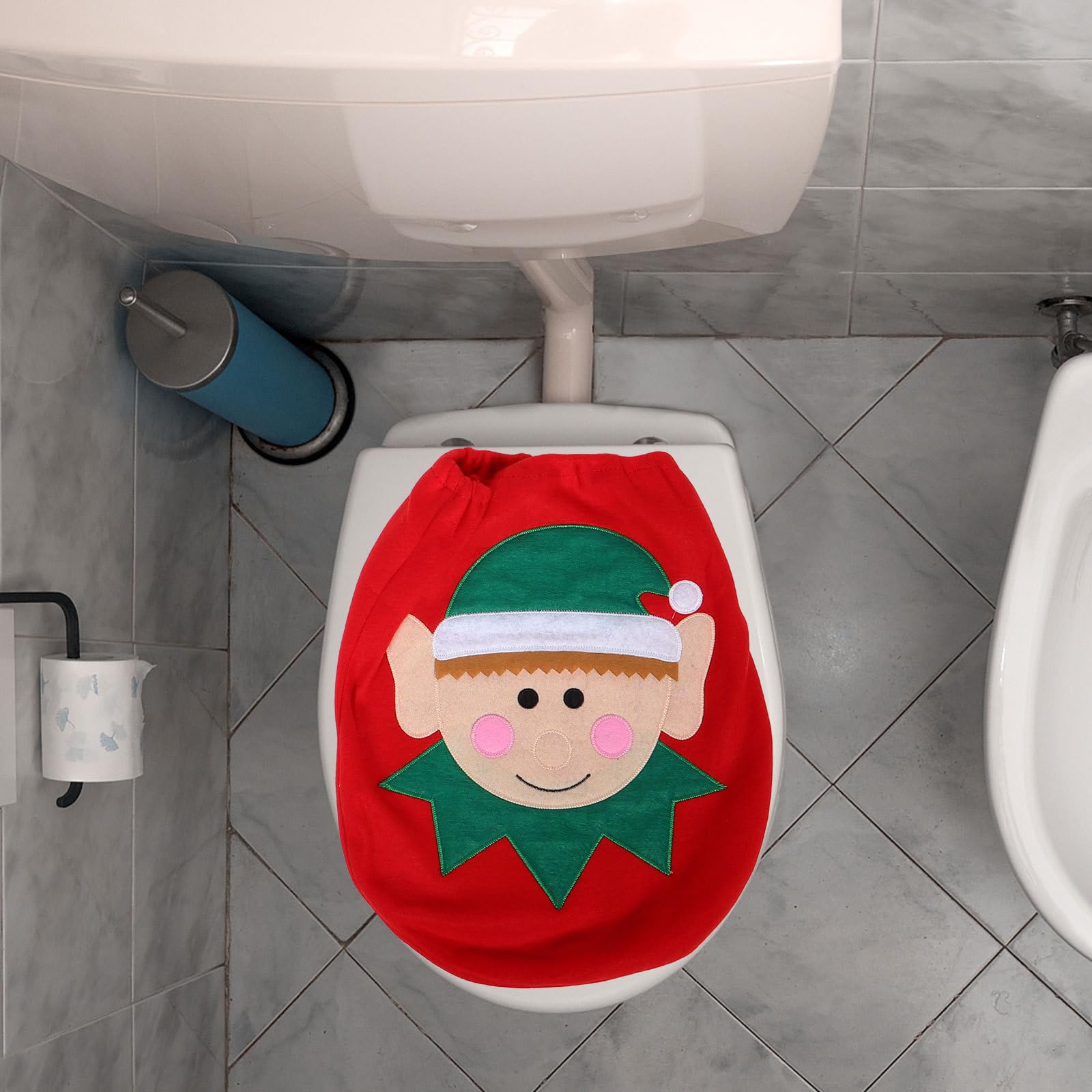 3-Piece Christmas Toilet Cover and Bathroom Rug Set - Funny Elf Design Holiday Decor with Toilet Lid Cover, Floor Mat & Tank Cover - Perfect for Home, Hotel & Holiday Party Decorations (Festive Bathroom Decor for Christmas Parties & Family Gatherings)
