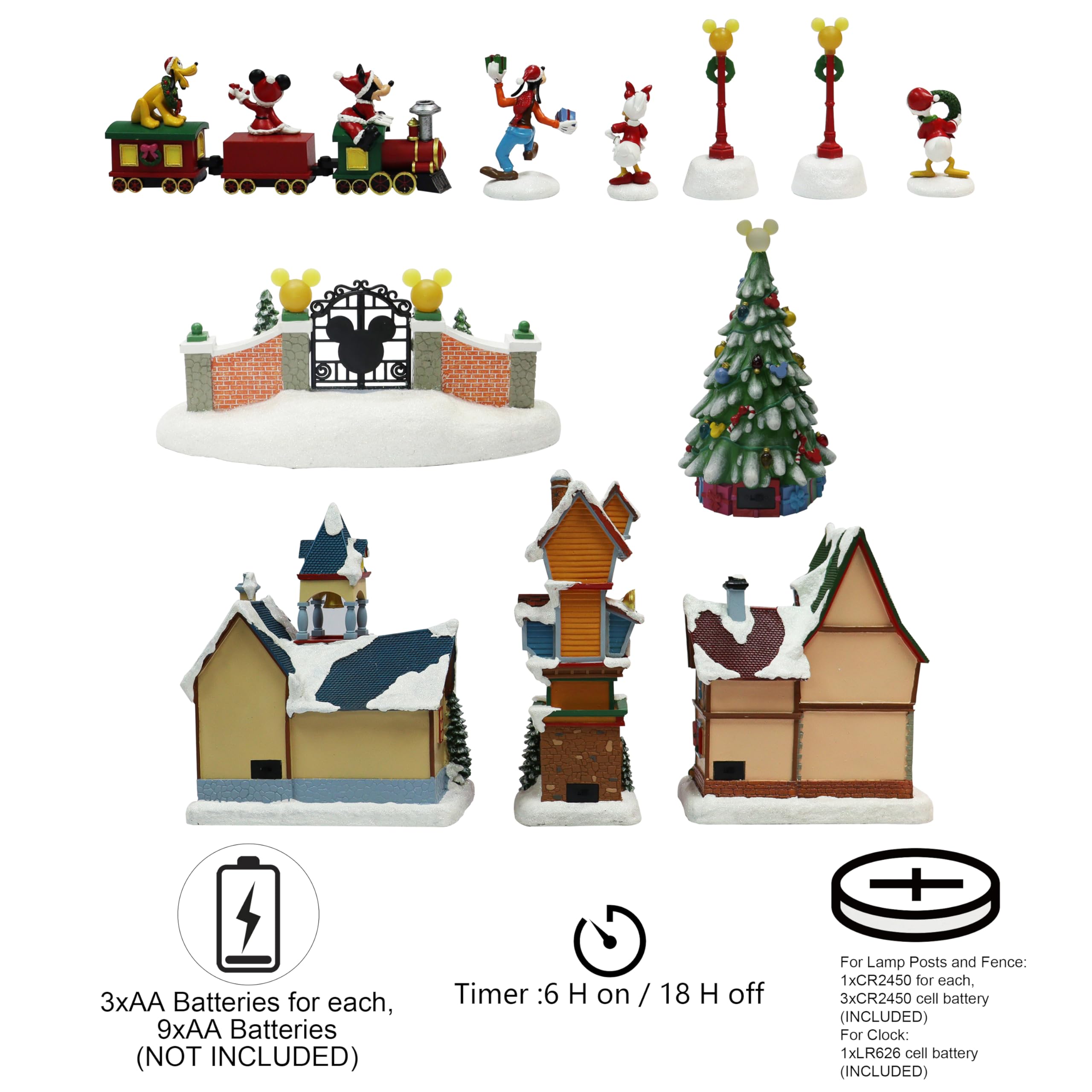 13-Piece Disney Characters & Christmas Buildings Set with Music, LED Lights & Timer – Perfect for Holiday Decorations & Disney-Themed Parties