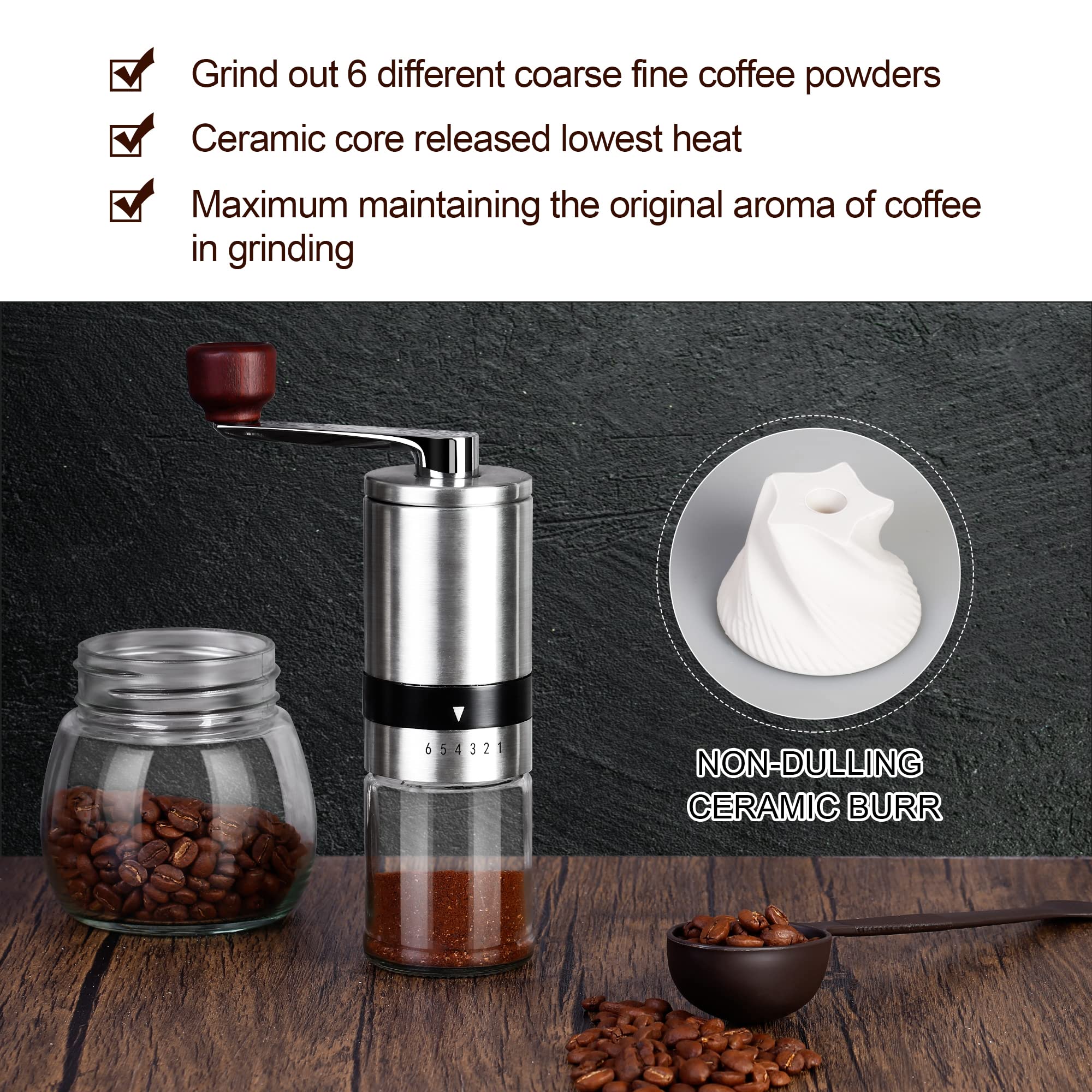 Premium Manual Stainless Steel Coffee Grinder - 6 Adjustable Grind Settings, Ceramic Burr Mill for Espresso, French Press & Drip Coffee | Portable Hand Crank Design Perfect for Camping, Travel & Home Brewing (TRIPLE TREE Brand)