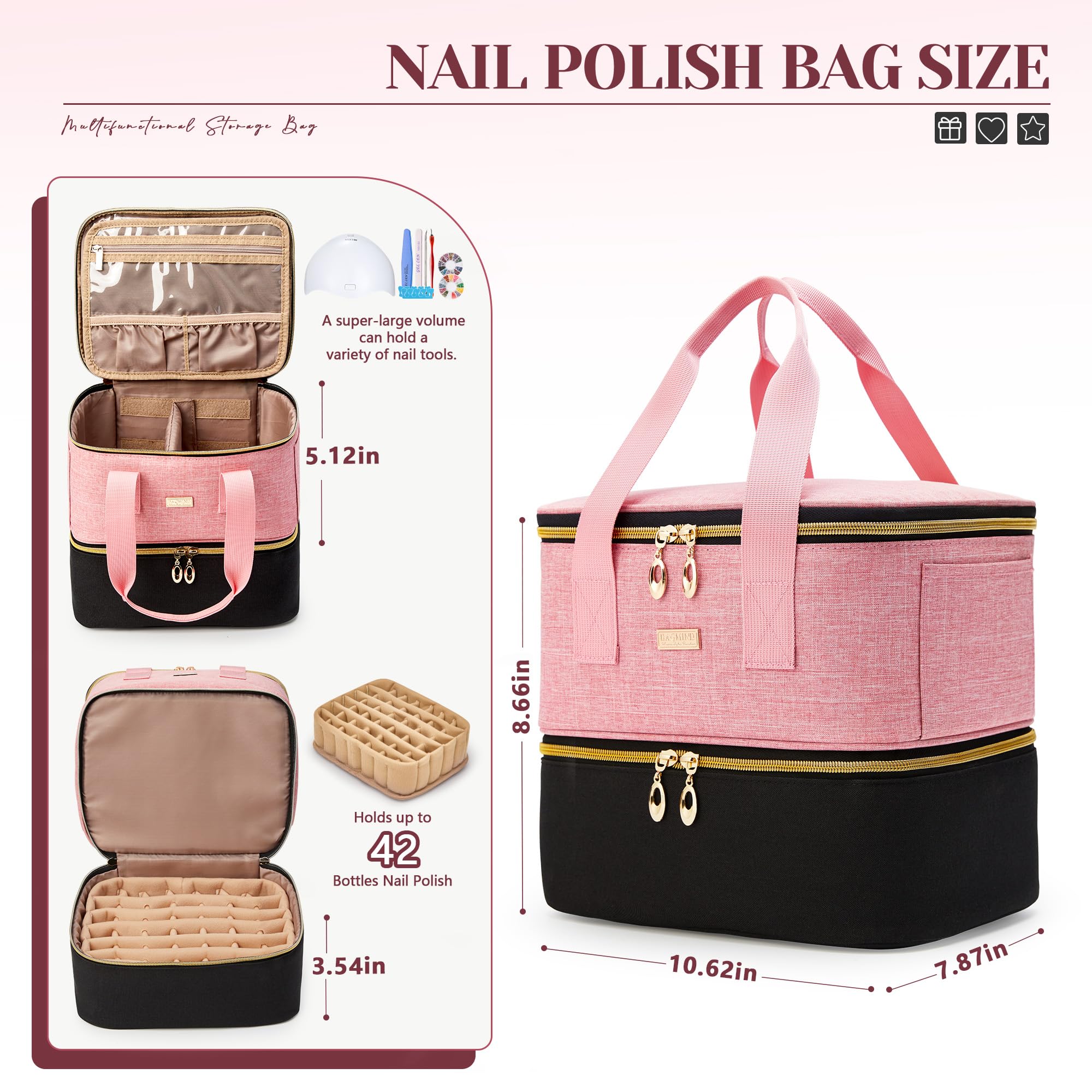 Double Layer Nail Polish Organizer Case - Holds 42 Bottles, Large Capacity Nail Tech Storage Box with Carrying Handle for Professional & Home Manicure - Perfect for Salon, Travel, and DIY Nail Art Supplies