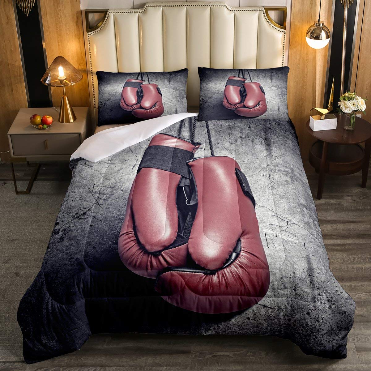 Boxing Gloves Duvet Cover Set - 3PCS Queen Size Sports Theme Bedding for Boys, Men & Adults - Red & Grey Fighting Competition Design - Perfect for Boxing Fans' Bedroom Decor & Sports-Themed Rooms