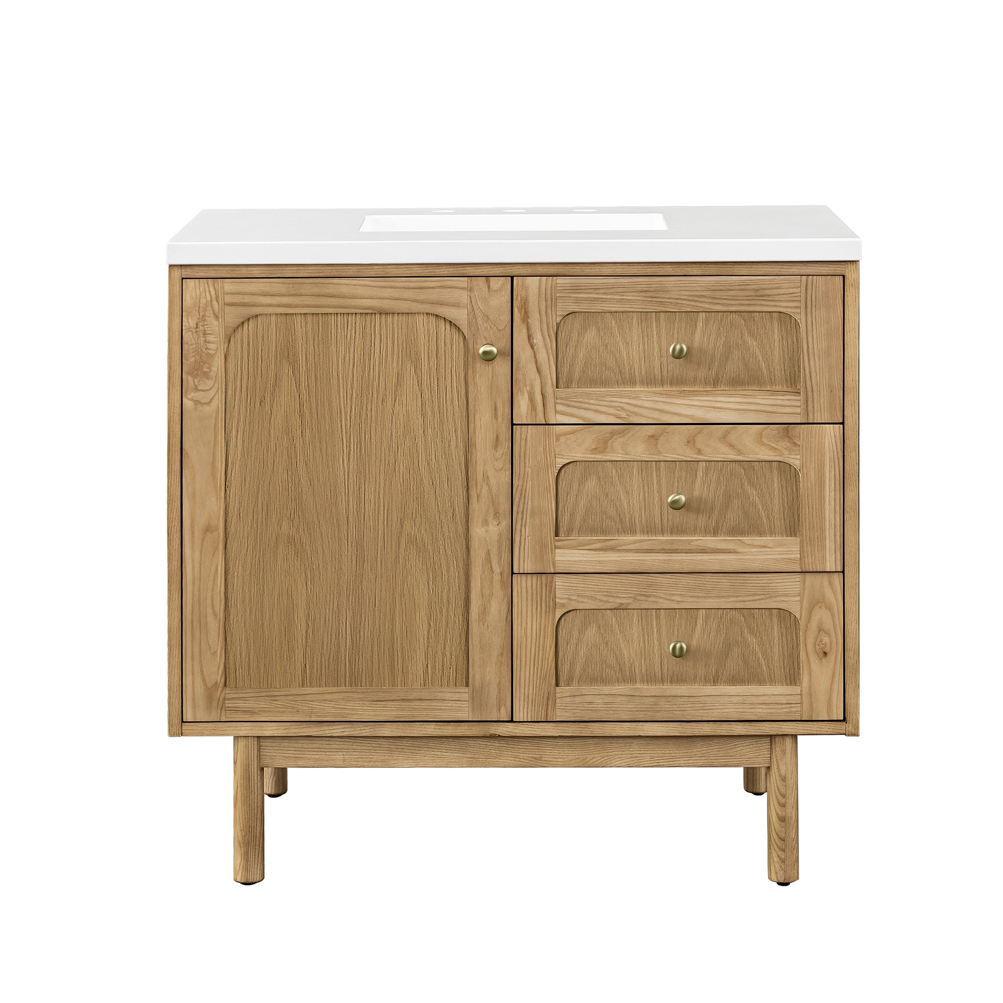 Laurent 36 Inch Single Bathroom Vanity with White Zeus Quartz Top - Light Natural Oak Finish - Modern Bathroom Storage for Small Spaces